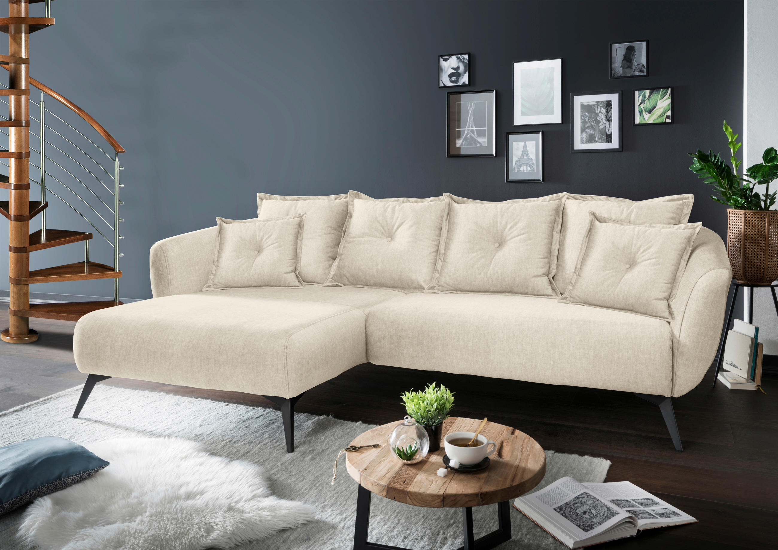 ECKSOFA Schwarz, Beige Velours  - Beige/Schwarz, MODERN, Textil/Metall (162/277cm) - Livetastic