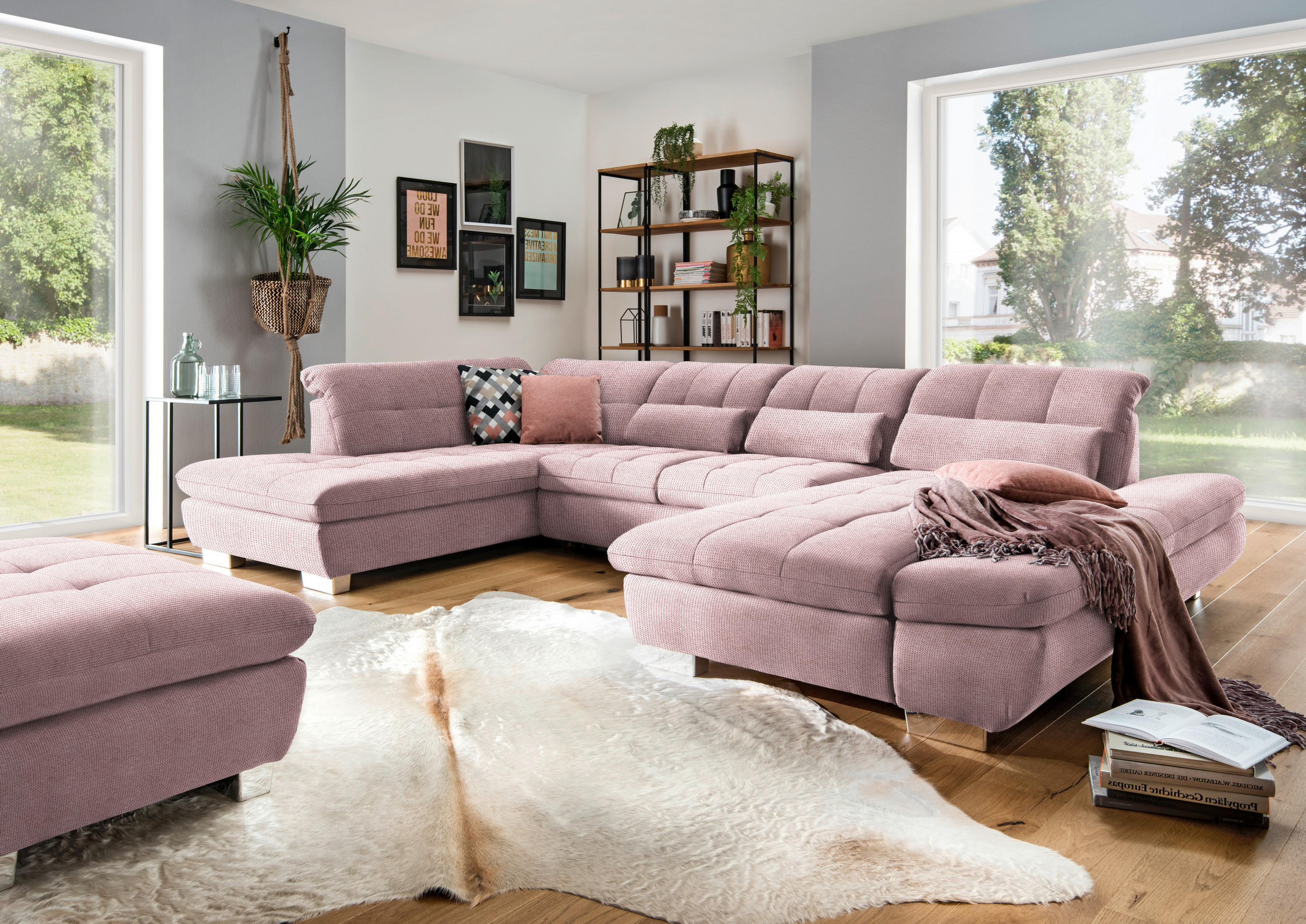 WOHNLANDSCHAFT in Mikrofaser Rosa  - Chromfarben/Rosa, Design, Kunststoff/Textil (211/350/204cm) - Xora
