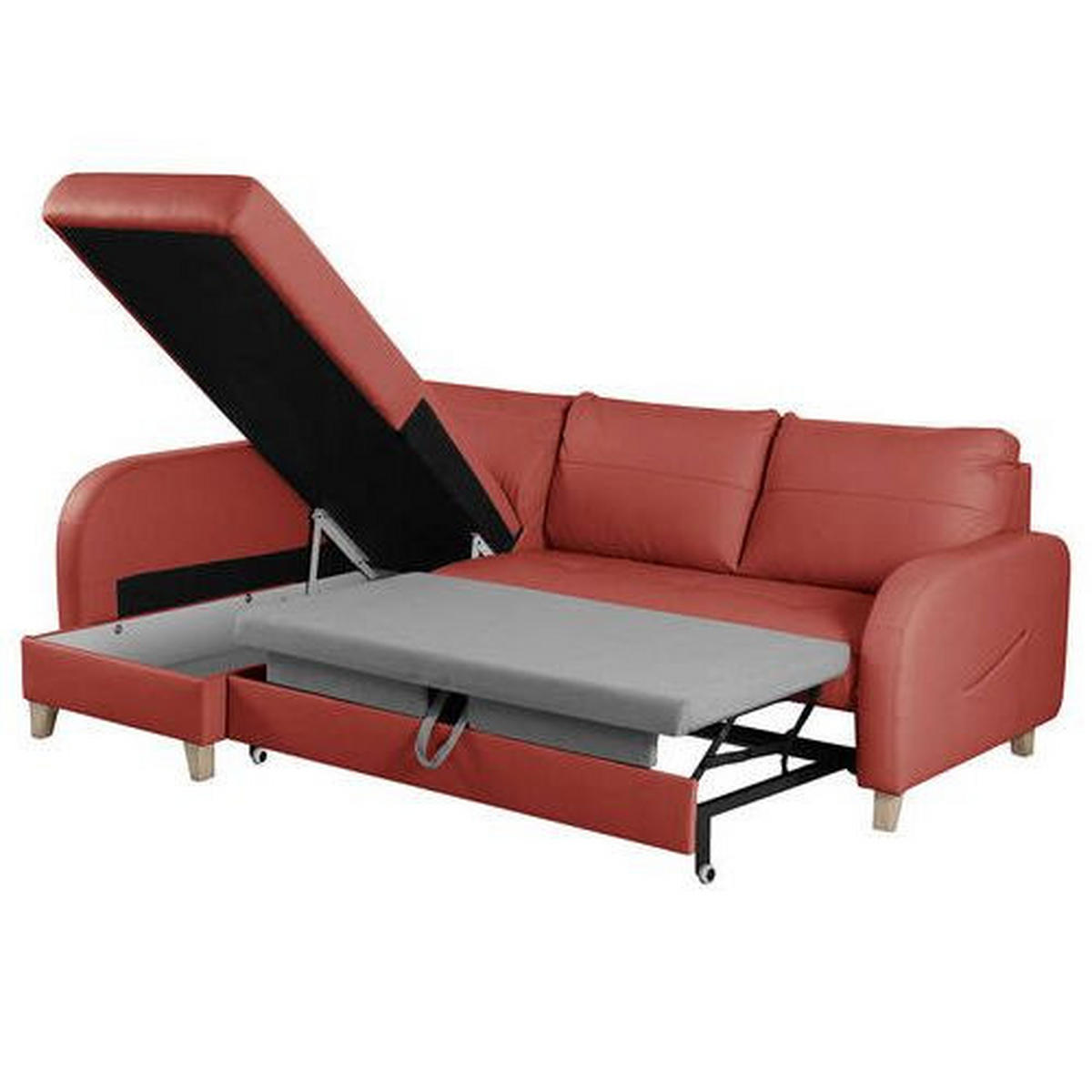 ECKSOFA Rot Echtleder Lederlook  - Buchefarben/Rot, Design, Leder/Holz (227/168cm) - Livetastic