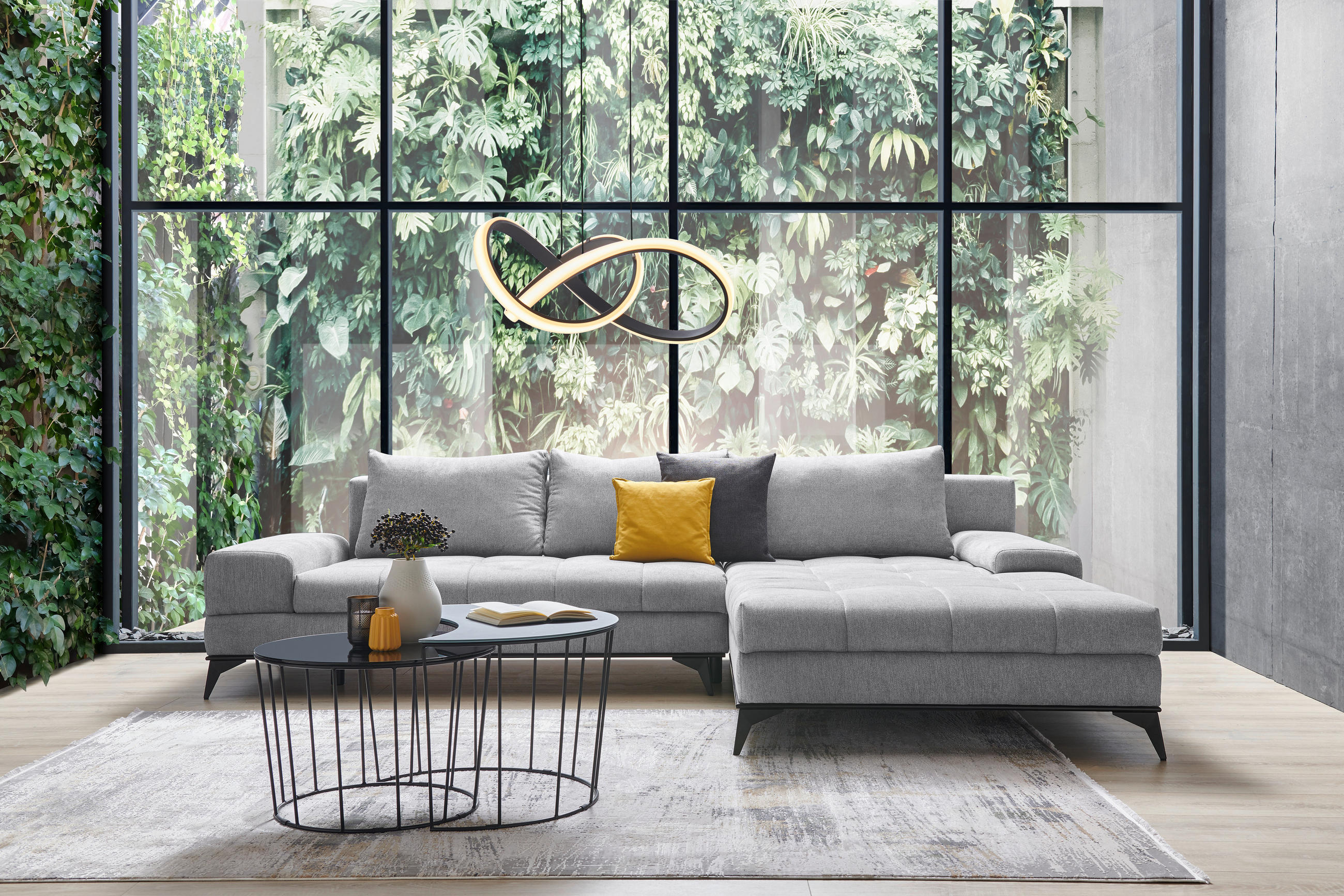 ECKSOFA Greige Webstoff  - Greige/Schwarz, Design, Textil/Metall (315/212cm) - Carryhome