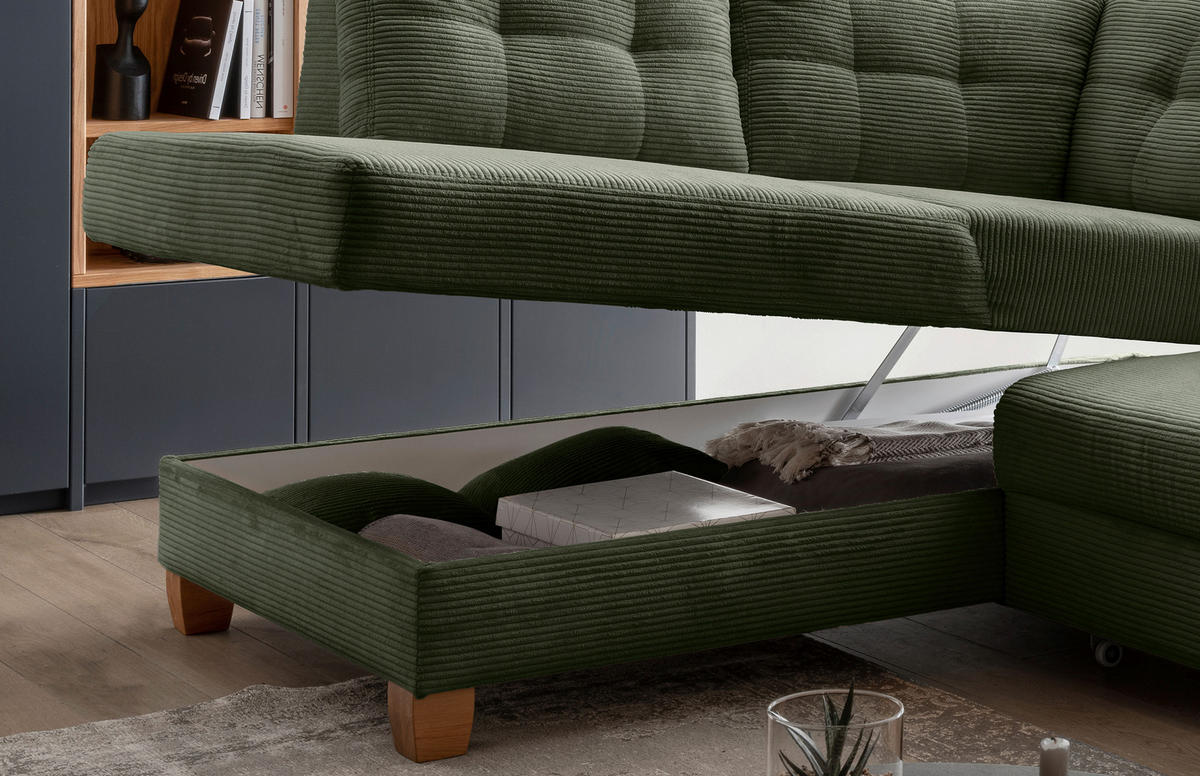ECKSOFA in Cord Dunkelgrün  - Dunkelgrün/Naturfarben, Modern, Holz/Textil (206/274cm) - Livetastic