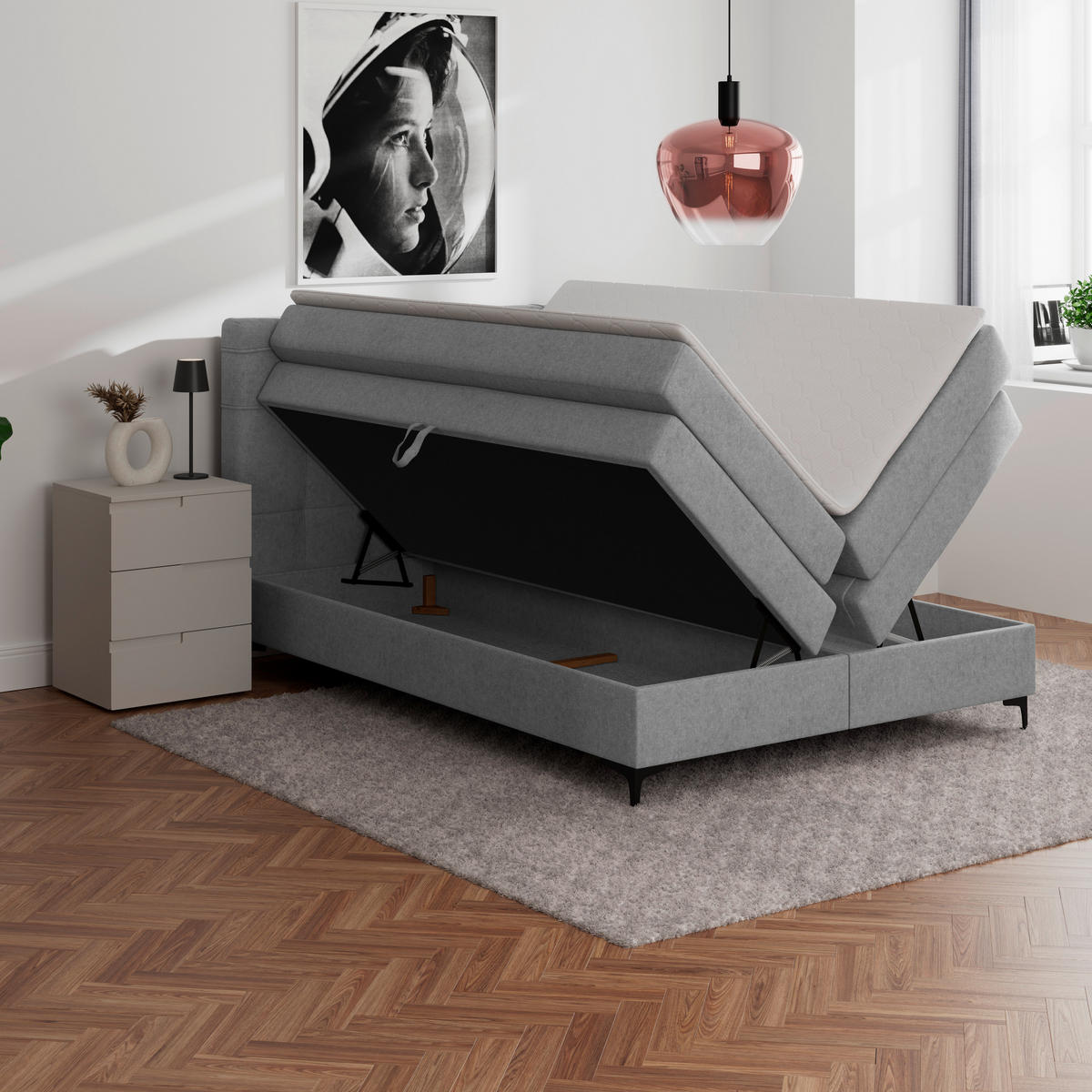 BOXSPRINGBETT 140/200 cm,  in Hellgrau, H3 = fest  - Hellgrau/Schwarz, KONVENTIONELL, Kunststoff/Textil (140/200cm)