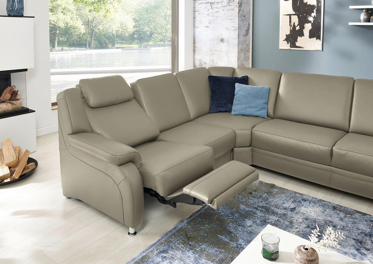 WOHNLANDSCHAFT Echtleder Ecru  - Ecru/Alufarben, Konventionell, Leder/Metall (239/329/165cm) - Beldomo Premium