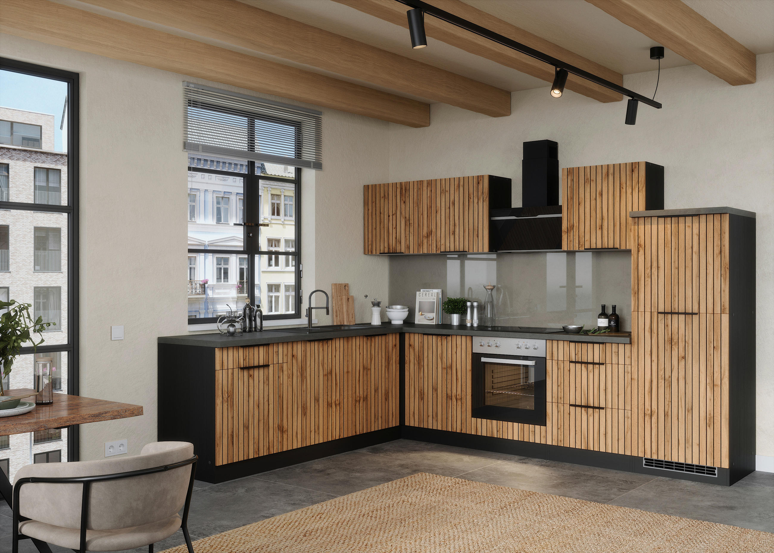 HÖRNKÖK 300/240 cm  i grafitfärgad, ek Wotan  - ek Wotan/grafitfärgad, Basics, metall/trämaterial (300/240cm) - Held