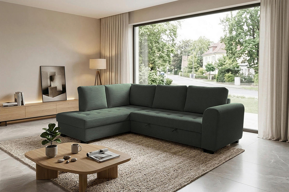 ECKSOFA JOHN Grün Cord Rückenkissen, Bettkasten, Liegefläche im Originalstoff  - Schwarz/Grün, Trend, Kunststoff/Textil (178/239cm) - P & B