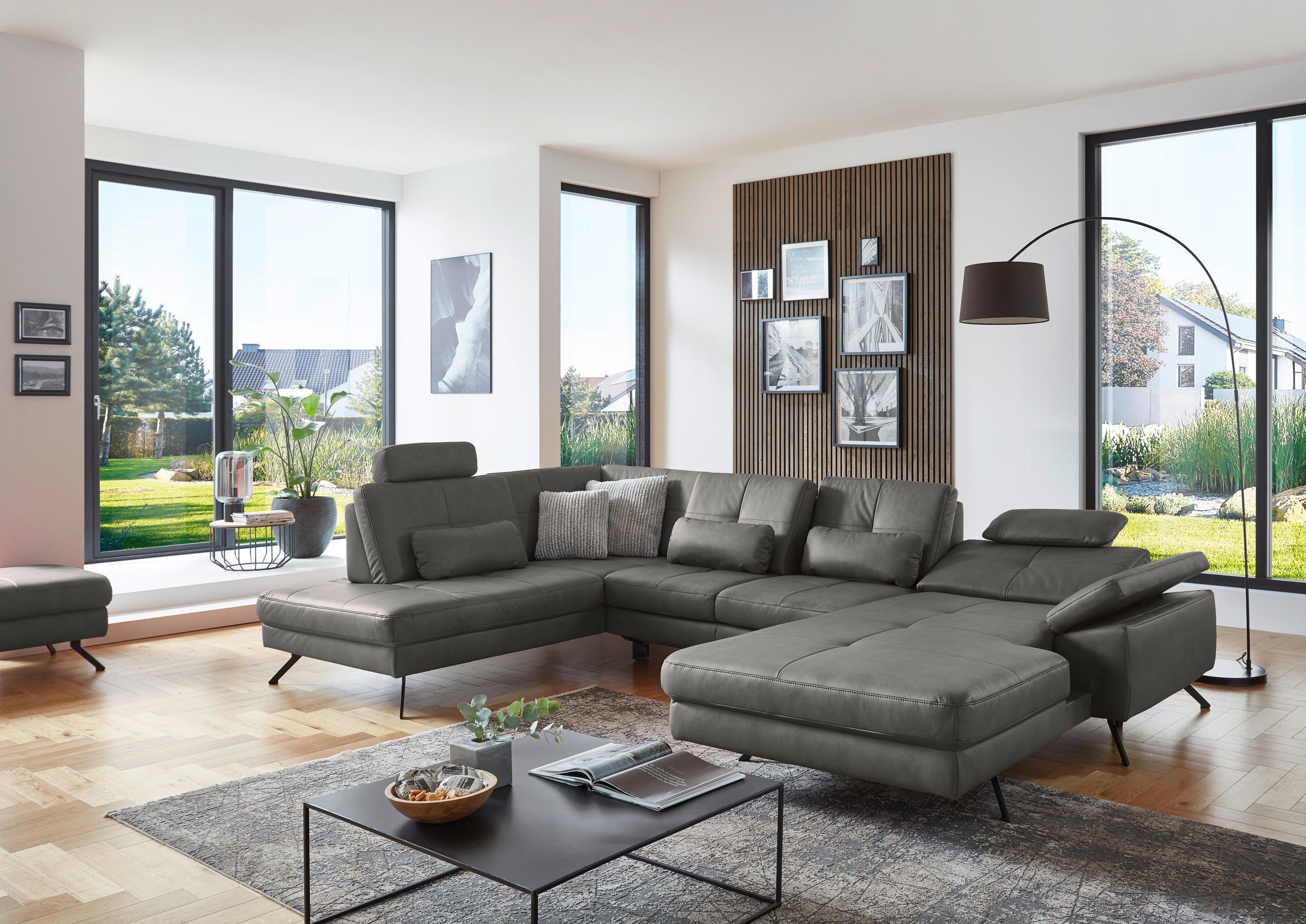 WOHNLANDSCHAFT in Lederlook, Mikrofaser Dunkelgrau  - Dunkelgrau/Schwarz, Design, Textil/Metall (220/343/179cm) - Beldomo System