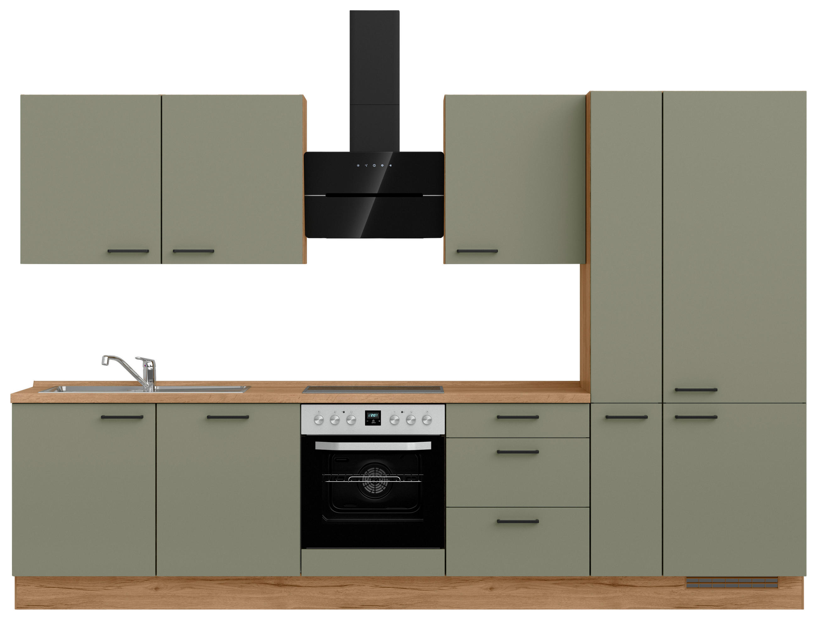 KÜCHENLEERBLOCK Senso 330 cm  in Eichefarben, Olivgrün  - Eichefarben/Schwarz, ROMANTIK / LANDHAUS, Holzwerkstoff/Metall (330cm) - Nobilia