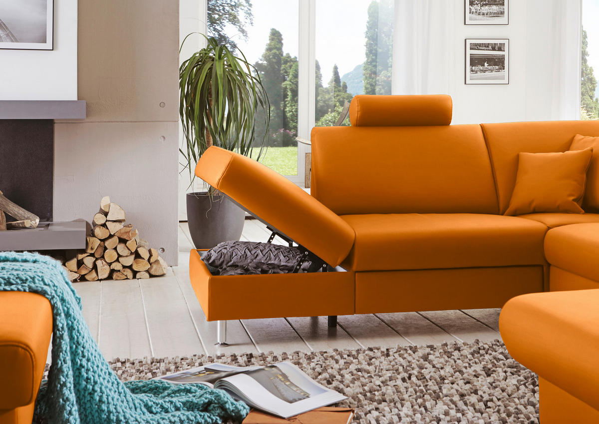 WOHNLANDSCHAFT in Echtleder Orange  - Alufarben/Orange, Design, Leder/Metall (233/339/165cm) - Beldomo Premium