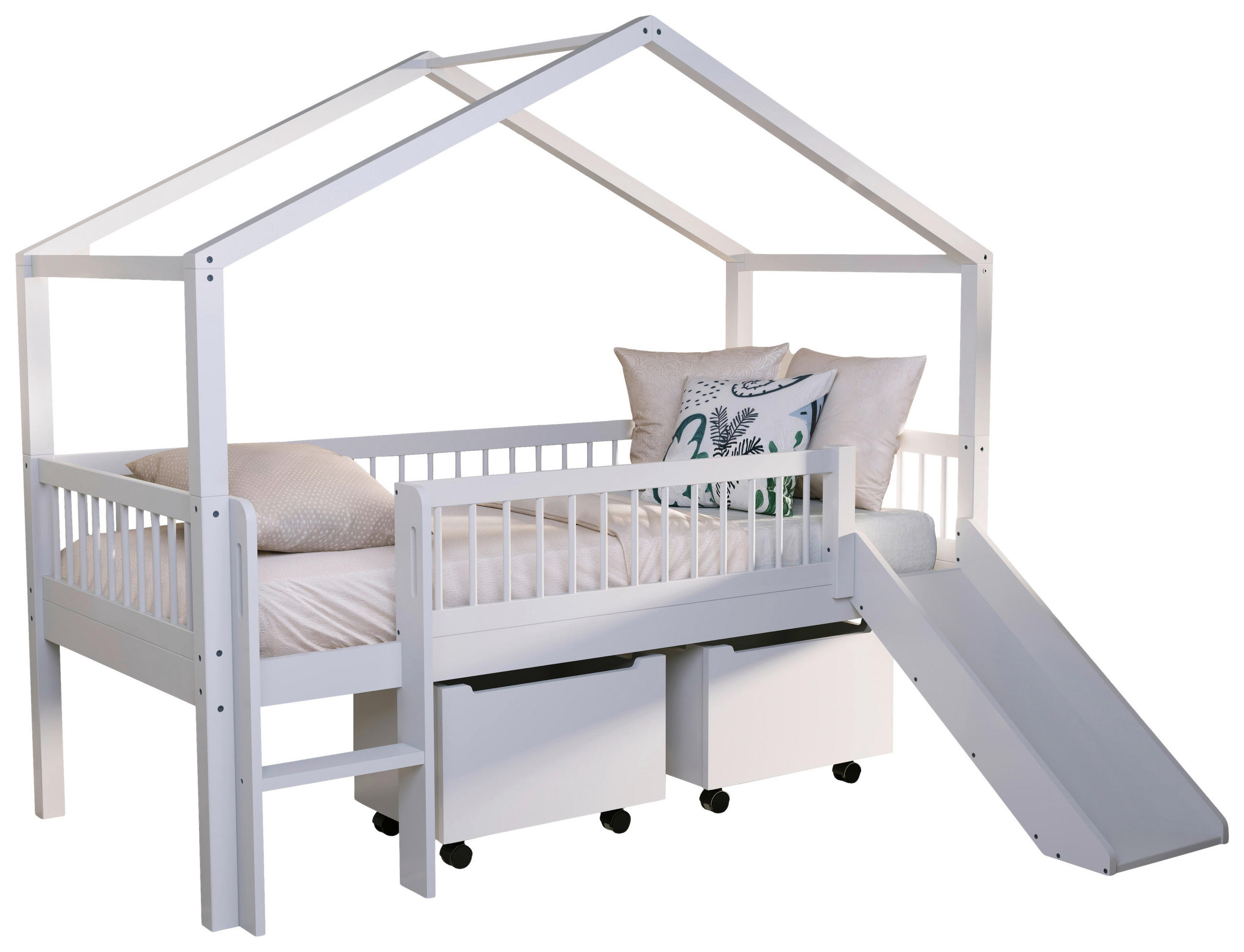 HAUSBETT Absturzsicherung, Leiter, Rutsche, Rollrost, Bettschublade 90/200 cm  - Naturfarben/Weiß, MODERN, Holz (90/200cm) - MID.YOU