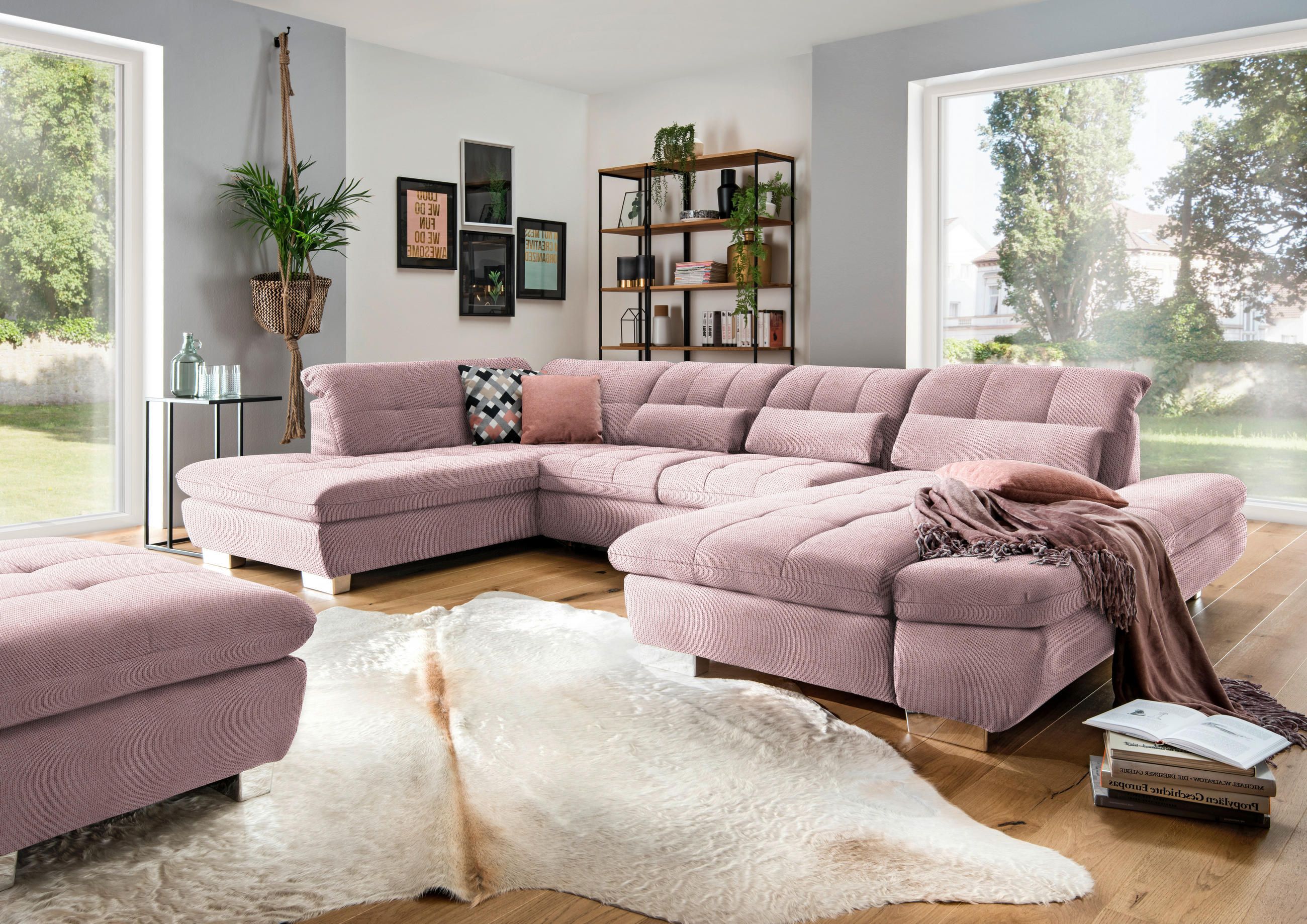 WOHNLANDSCHAFT in Mikrofaser Rosa  - Chromfarben/Rosa, Design, Kunststoff/Textil (211/350/204cm) - Xora