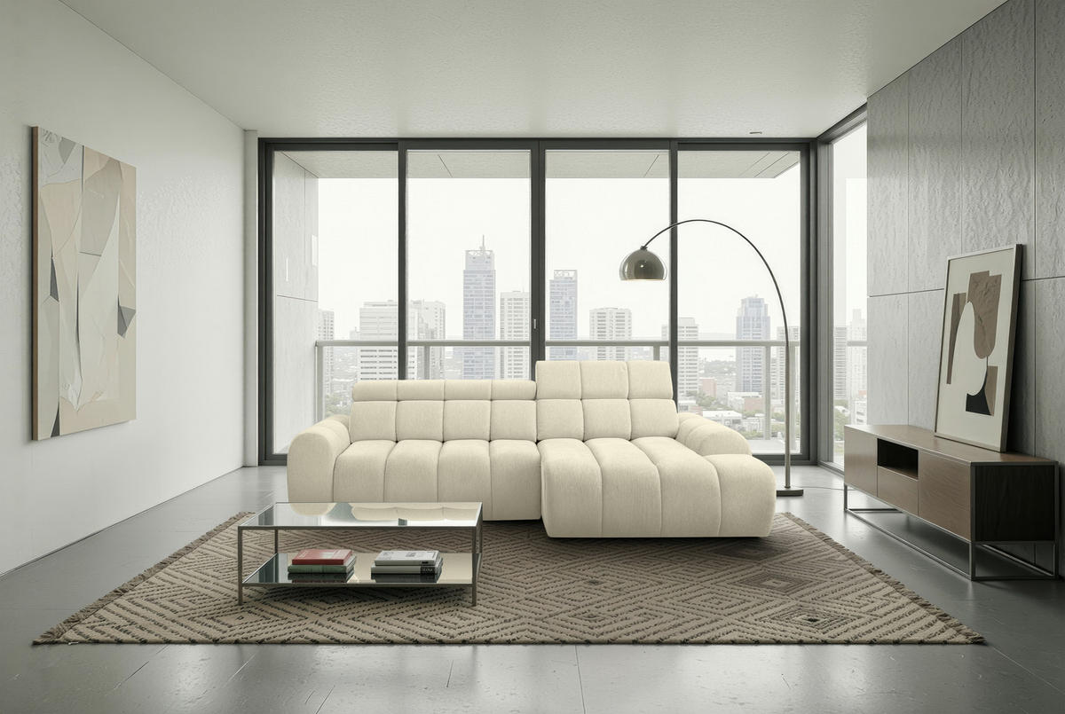 ECKSOFA Creme Chenille Bettkasten, Rücken echt, Kopfteilverstellung, Sitzvorzug  - Creme/Schwarz, Design, Kunststoff/Textil (290/152cm) - Stylife