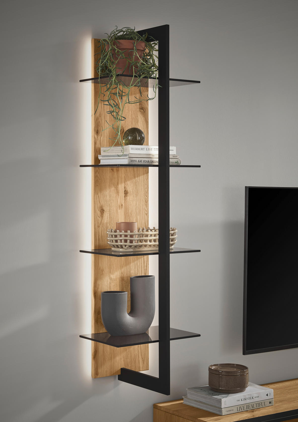 WANDREGAL  38,4/145,1/33 cm  - Eichefarben/Graphitfarben, Natur, Glas/Holz (38,4/145,1/33cm) - Valdera