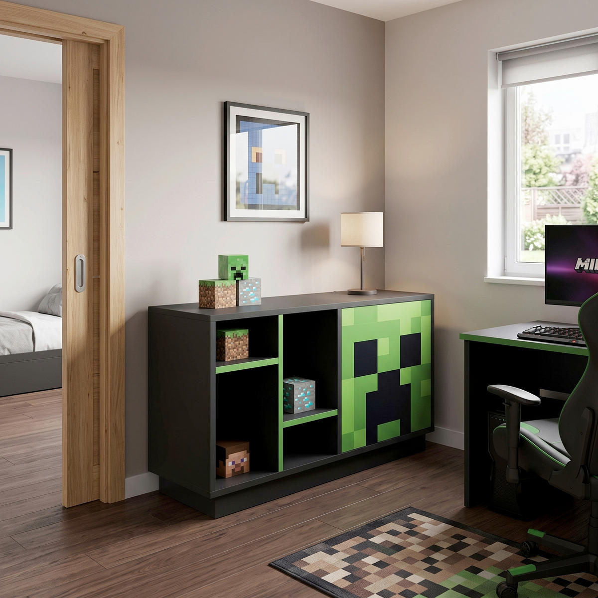 SIDEBOARD Minecraft 7760 108/61/37 cm  - Schwarz/Grün, MODERN, Glas/Holzwerkstoff (108/61/37cm) - Minecraft