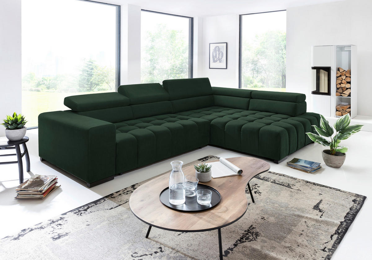ECKSCHLAFSOFA Grün Velours  - Schwarz/Grün, Design, Holz/Textil (307/201cm) - Livetastic