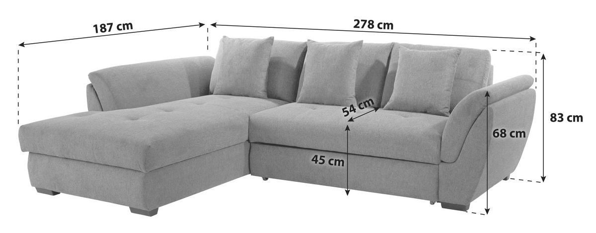 ECKSOFA Anthrazit Zierkissen, Bettkasten, Schlaffunktion, Rücken echt  - Anthrazit/Schwarz, KONVENTIONELL, Kunststoff/Textil (187/278cm) - MID.YOU