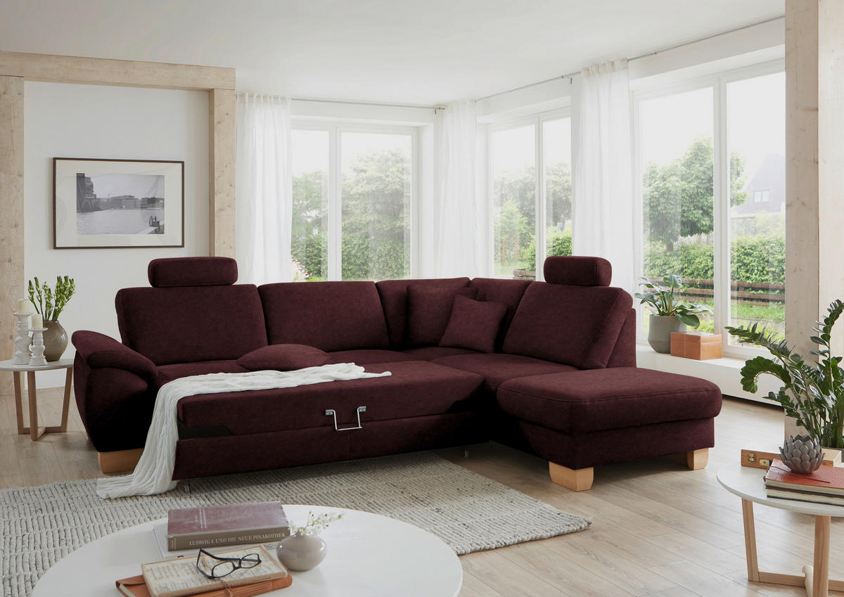 ECKSOFA in Mikrofaser Weinrot  - Wildeiche/Beige, Natur, Holz/Textil (286/236cm) - Voleo