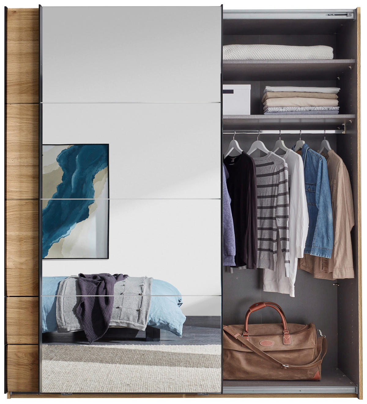 SCHWEBETÜRENSCHRANK Eichefarben  - Eichefarben/Schwarz, Modern, Glas/Holzwerkstoff (215/225,5/60,5cm) - Xora