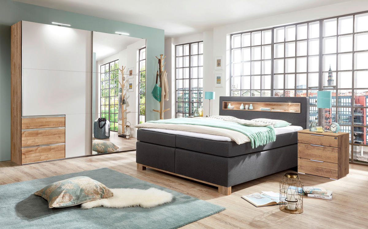 SCHWEBETÜRENSCHRANK  in Weiß, Plankeneiche  - Chromfarben/Plankeneiche, MODERN, Glas/Holzwerkstoff (200/236/65cm) - MID.YOU