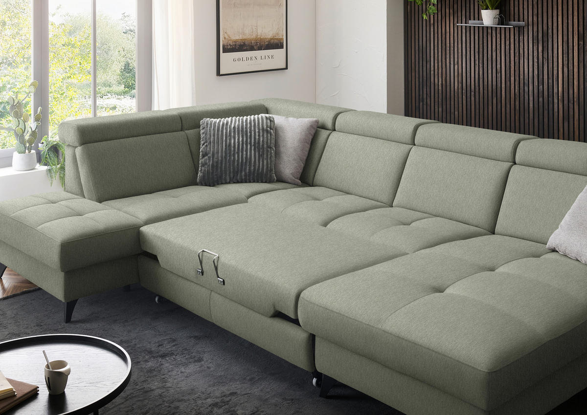 WOHNLANDSCHAFT Flachgewebe Grün  - Schwarz/Grün, Konventionell, Textil/Metall (215/333/174cm) - Beldomo System
