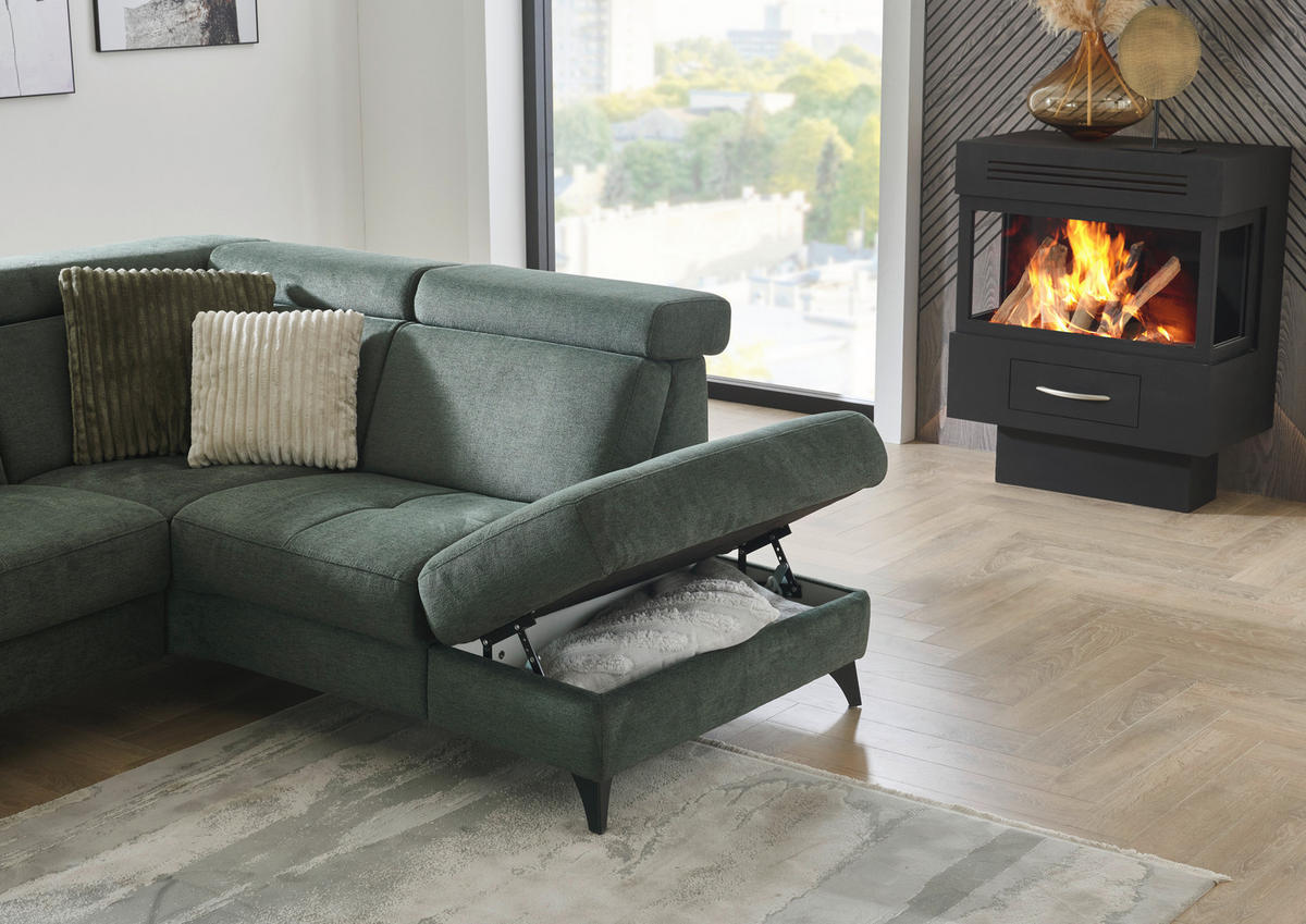 ECKSOFA Beldomo System Dunkelgrün Flachgewebe Kopfteilverstellung  - Dunkelgrün/Schwarz, KONVENTIONELL, Textil/Metall (276/214cm) - Beldomo System