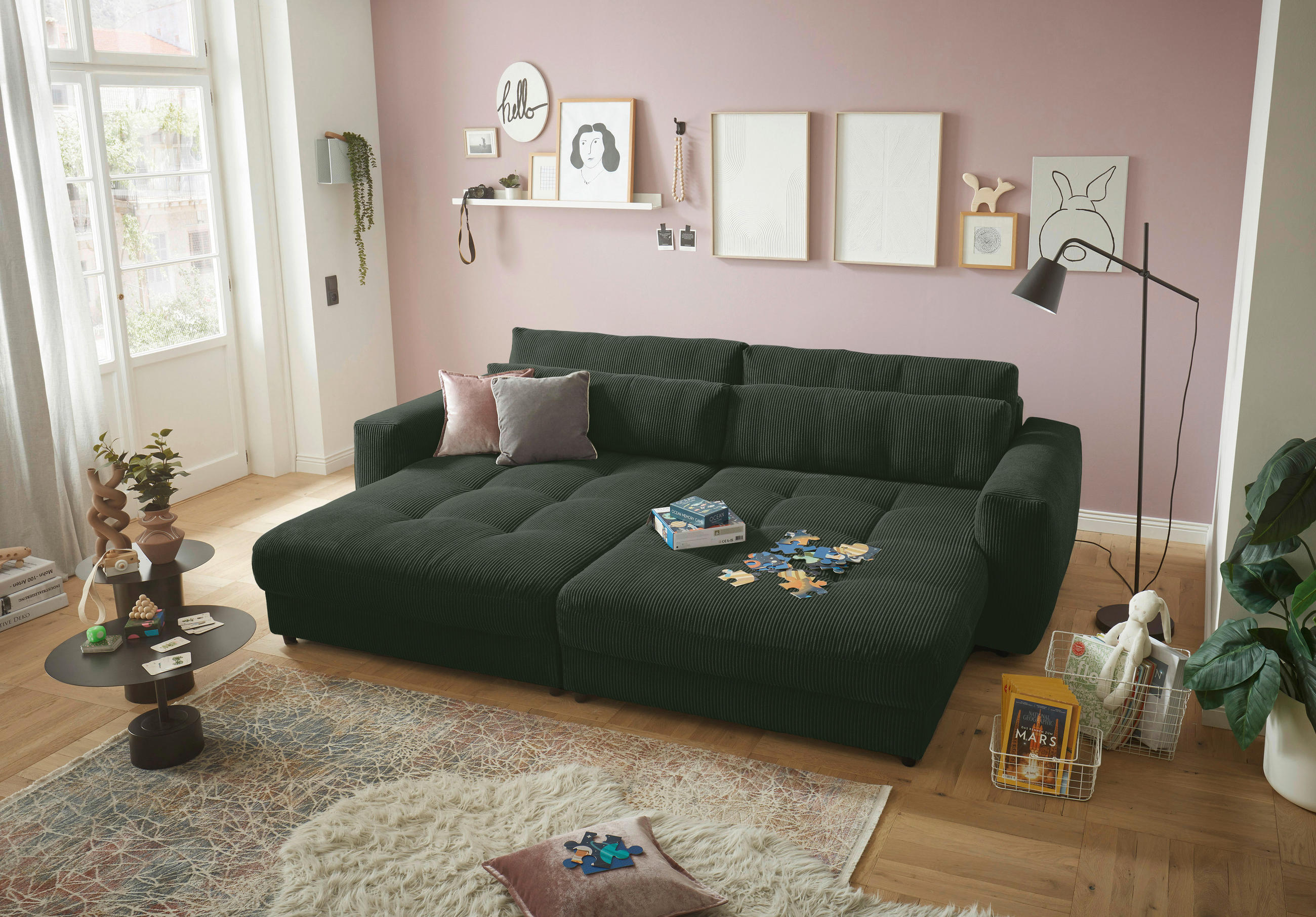 BIGSOFA Cord Dunkelgrün  - Dunkelgrün/Schwarz, KONVENTIONELL, Kunststoff/Textil (292/90/194cm) - MID.YOU