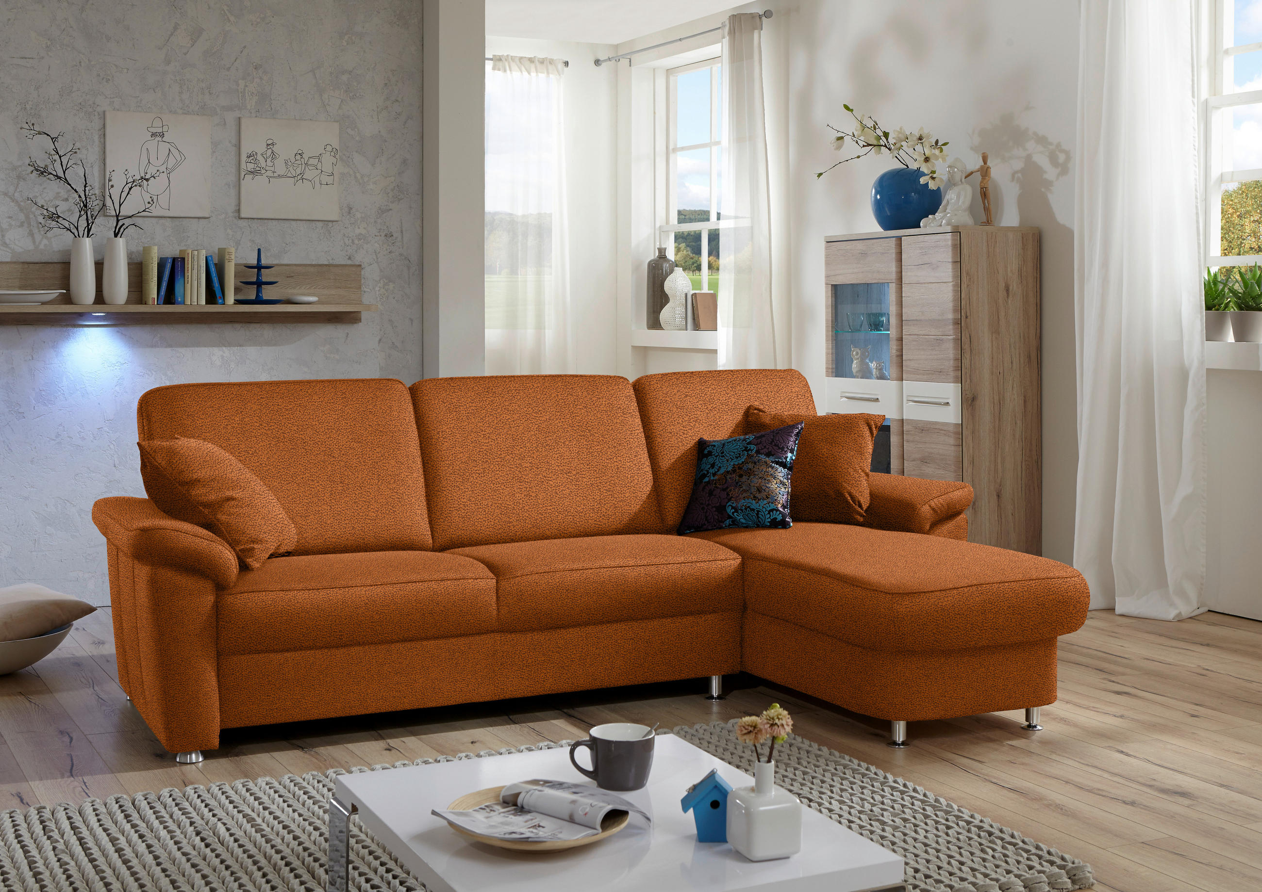ECKSOFA in Flachgewebe Cognac  - Chromfarben/Cognac, Konventionell, Textil/Metall (250/163cm) - Beldomo System