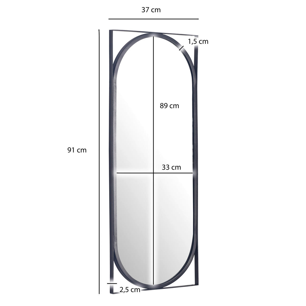 STENSKO OGLEDALO, 37/91/2,5 cm steklo  - črna, Design, kovina/steklo (37/91/2,5cm) - MID.YOU