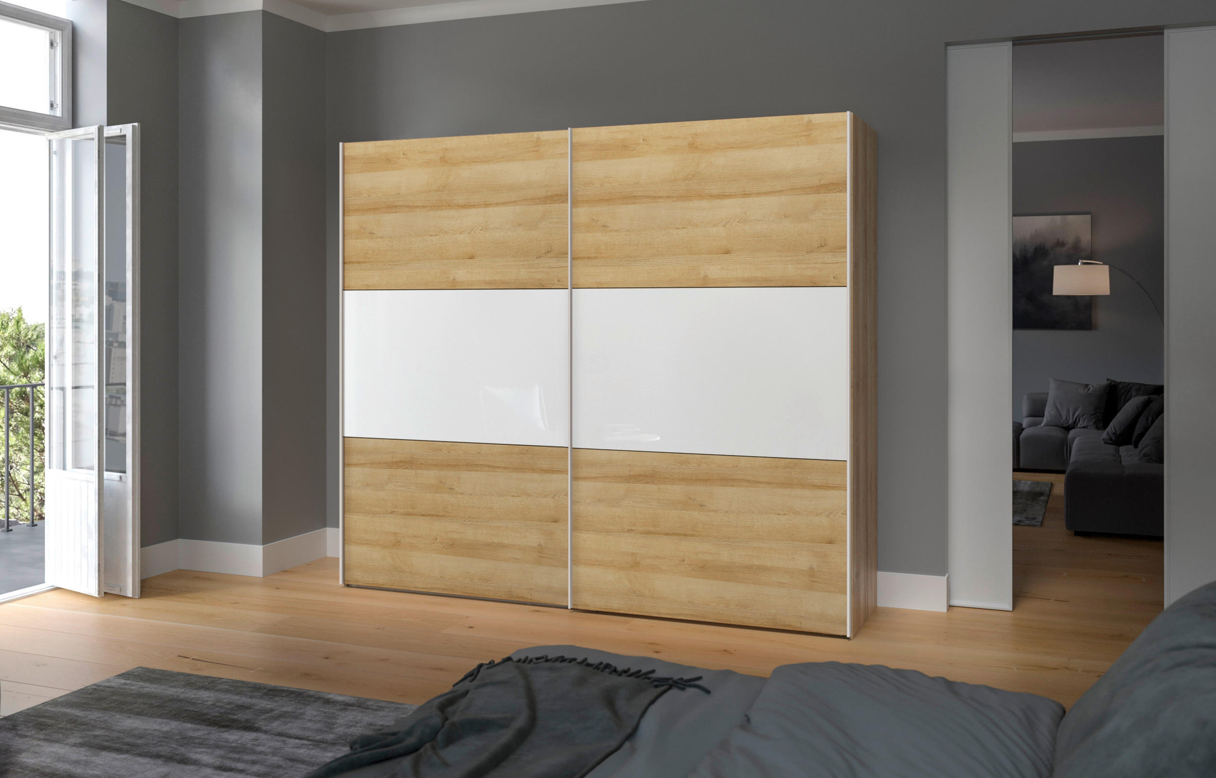 SCHWEBETÜRENSCHRANK 253/215/65 cm 2-türig Weiß, Eichefarben  - Edelstahlfarben/Eichefarben, Design, Glas/Holzwerkstoff (253/215/65cm) - Boxxx