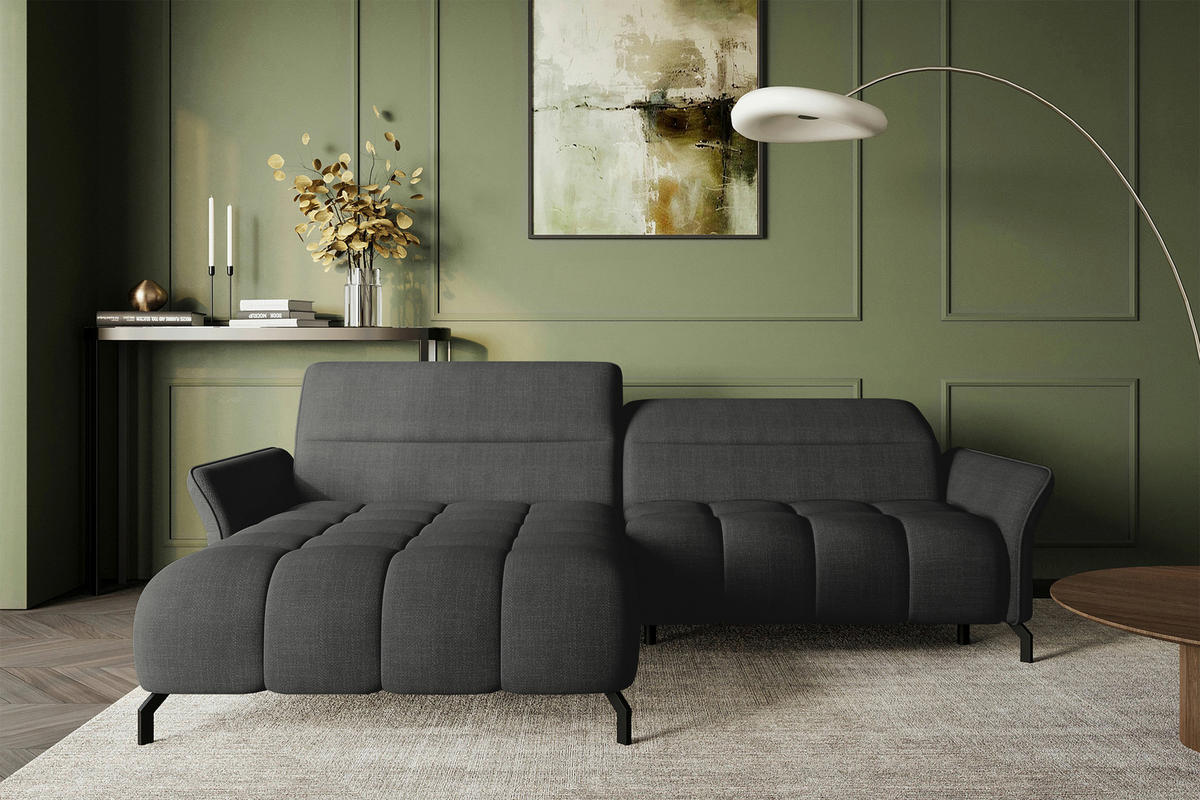 ECKSOFA  in Flachgewebe Anthrazit Rücken echt, Kopfteilverstellung, Sitztiefenverstellung  175/272 cm  - Anthrazit/Schwarz, KONVENTIONELL, Textil/Metall (175/272cm) - Carryhome