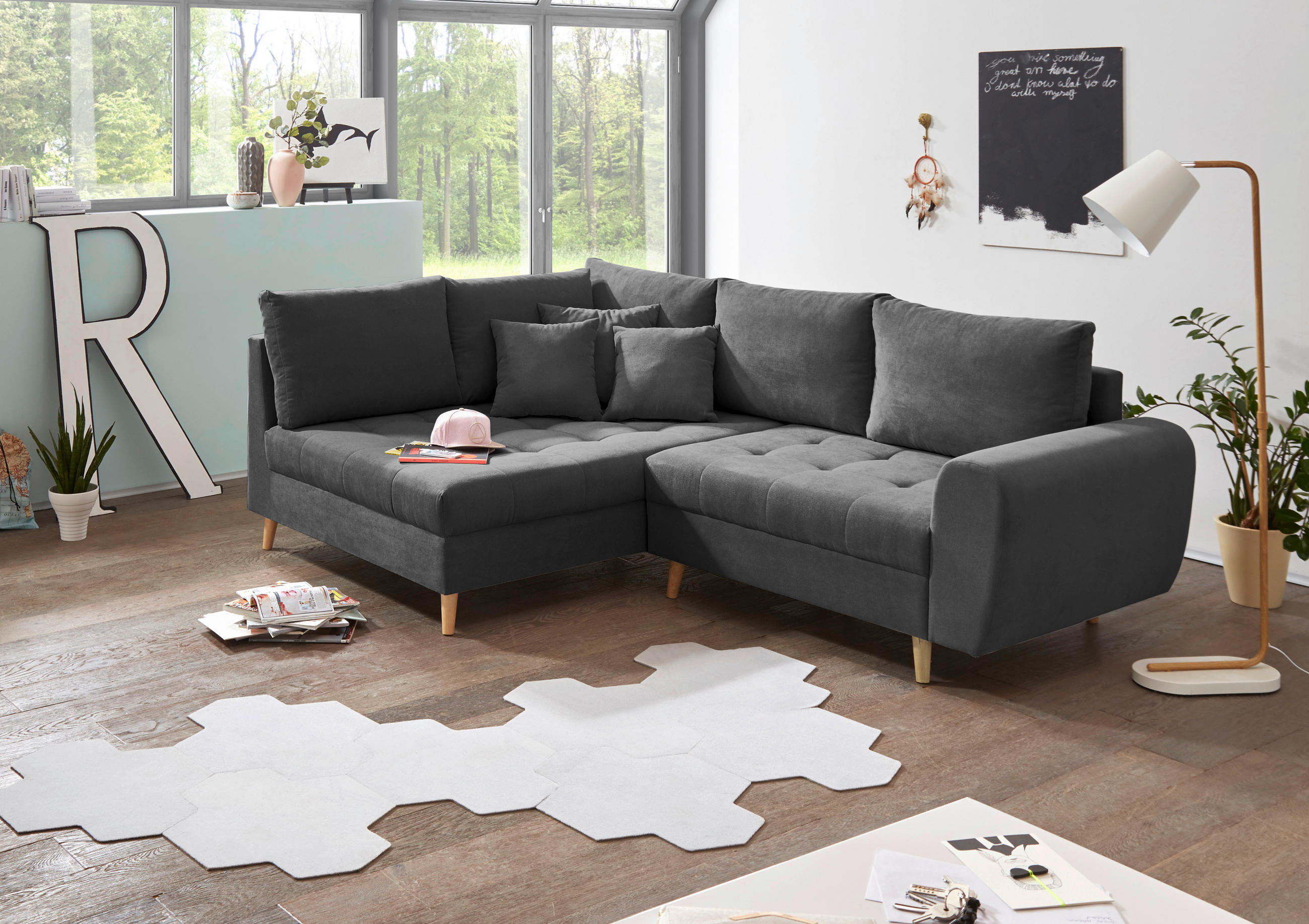 ECKSOFA Anthrazit Mikrovelours - Anthrazit/Kieferfarben, KONVENTIONELL, Holz/Textil (175/249cm) - MID.YOU