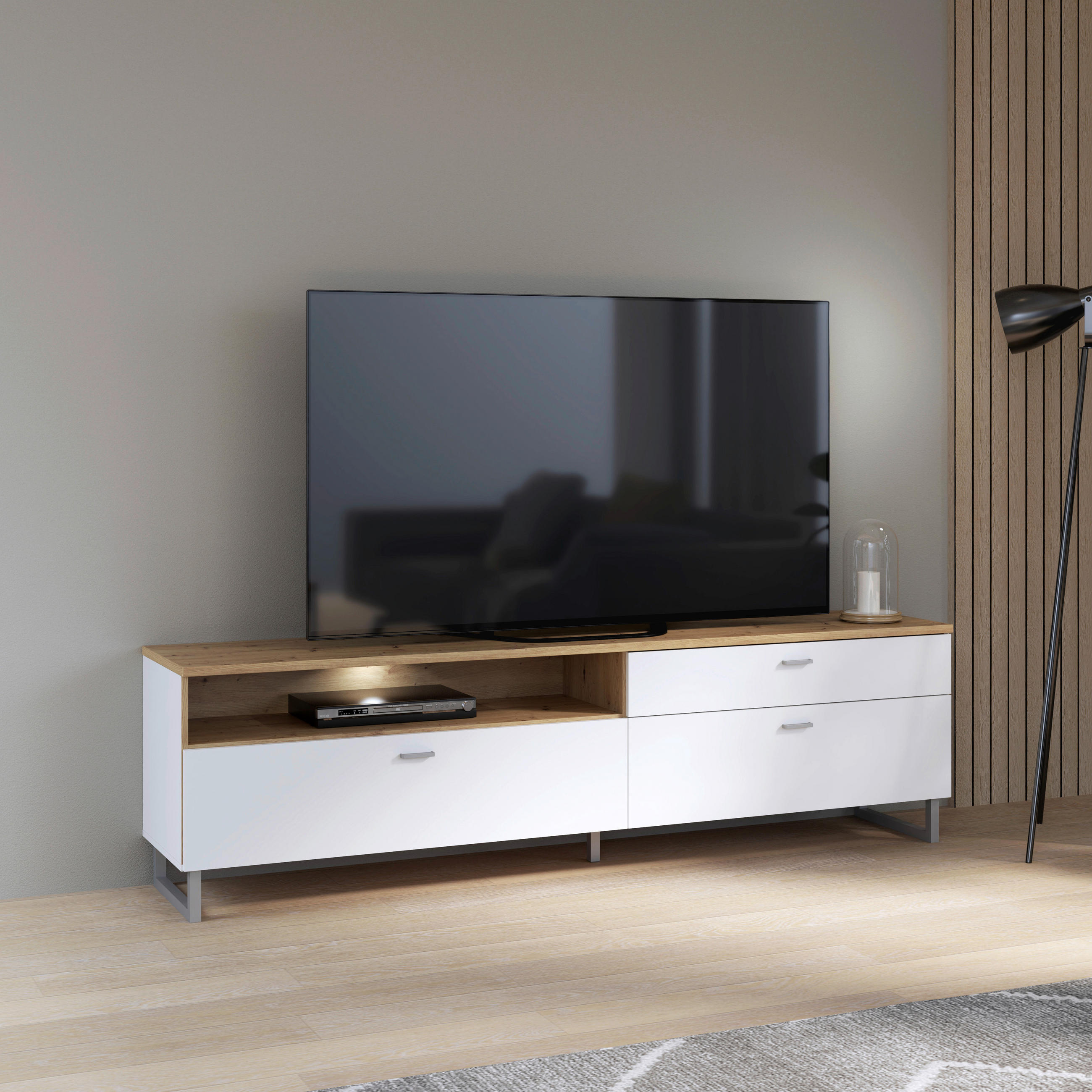 TV-ELEMENT barve hrasta, bela - barve kroma/siva, Moderno, kovina/leseni material (205,1/57,4/41,3cm) - Hom`in