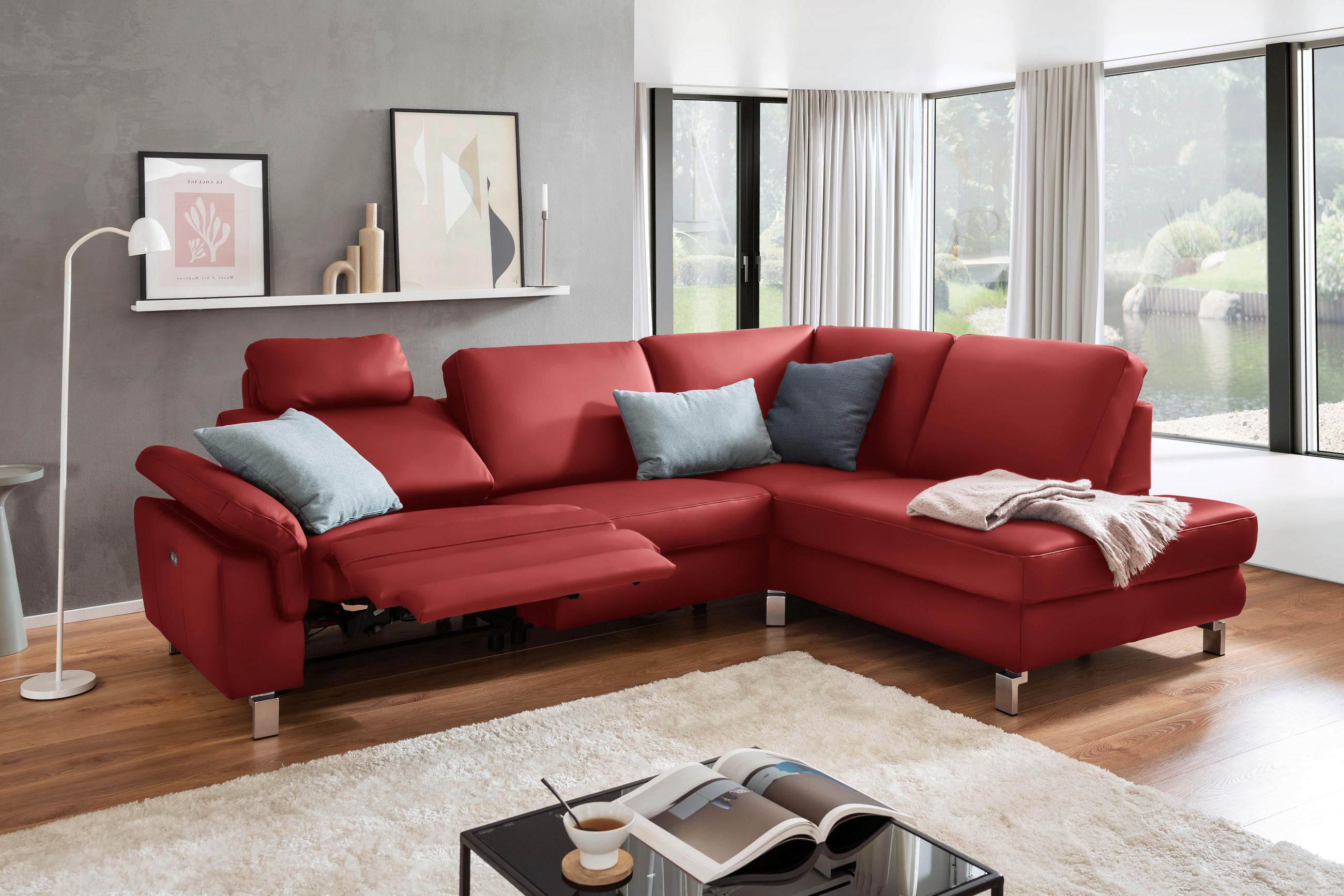 ECKSOFA in Echtleder Rot  - Chromfarben/Rot, Design, Leder/Metall (271/200cm) - Pure Home Lifestyle