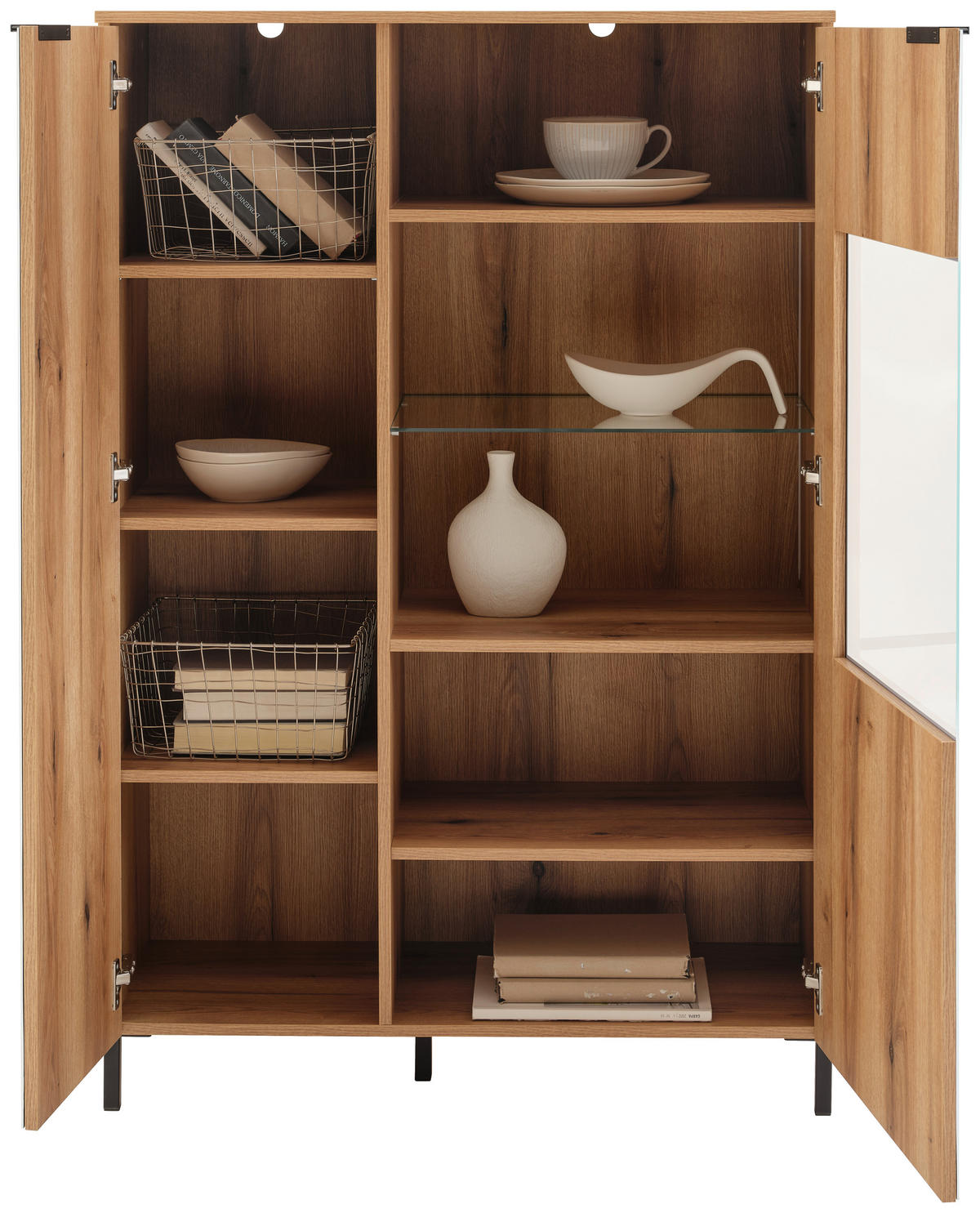 Highboard Austin 90 cm, bela, barve hrasta  - črna/barve hrasta, Trend, kovina/steklo (90/140/40cm)