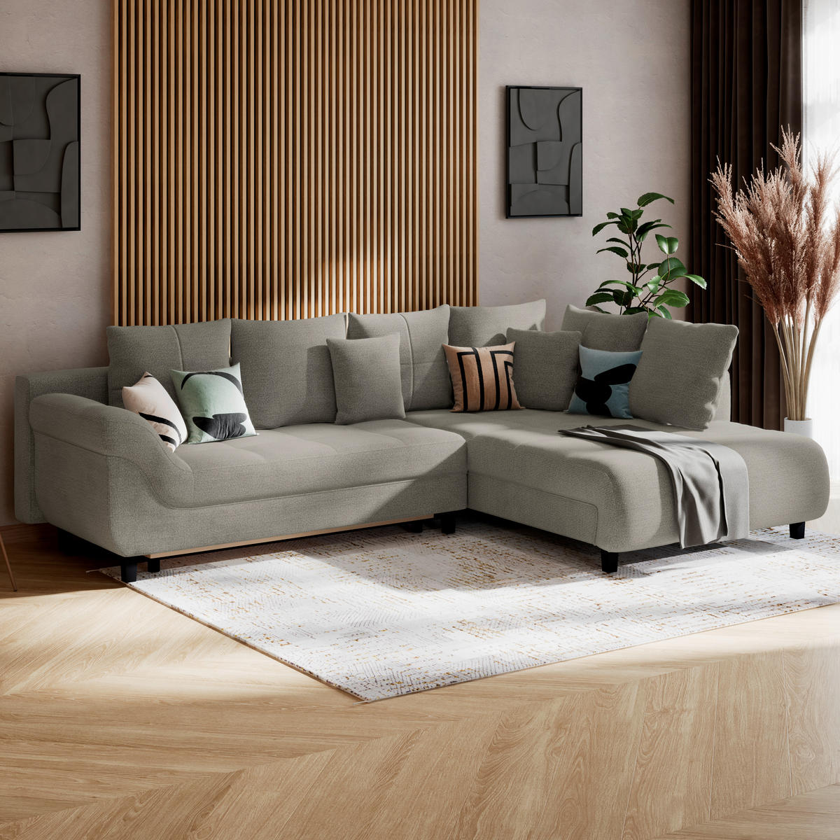 ECKSOFA Chenille, Struktur Sandfarben  - Sandfarben/Schwarz, Konventionell, Textil (309/197cm) - MID.YOU