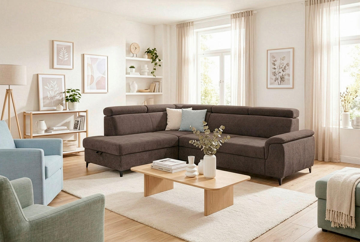ECKSOFA Dunkelbraun Chenille Bettkasten, Schlaffunktion, Rücken echt, Kopfteilverstellung, Liegefläche im Originalstoff  - Dunkelbraun/Schwarz, KONVENTIONELL, Textil/Metall (206/265cm) - Carryhome