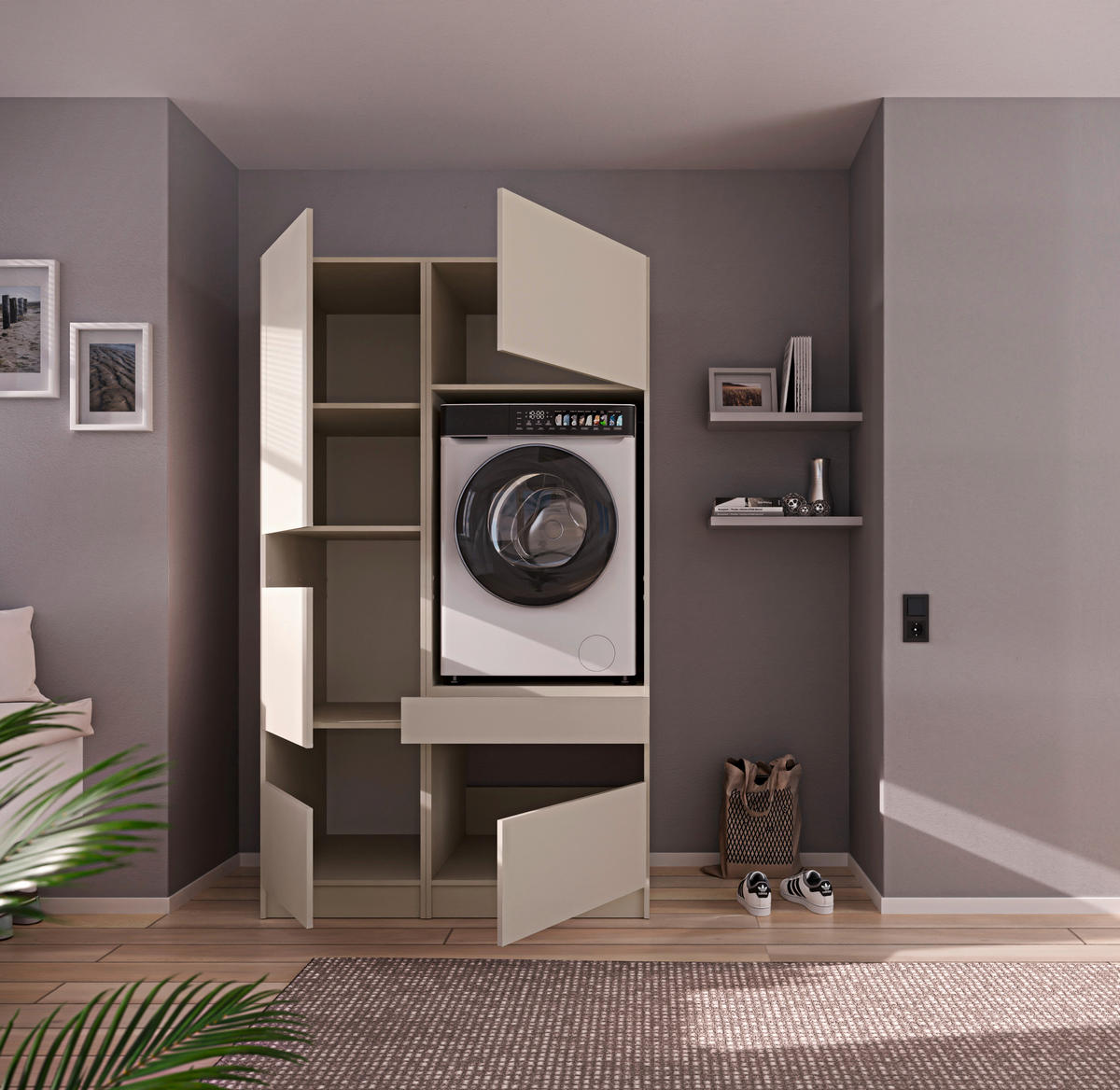 WASCHMASCHINENSCHRANK  68/200/68 cm  - Kaschmir/Schwarz, Design, Holzwerkstoff/Metall (68/200/68cm) - Milino