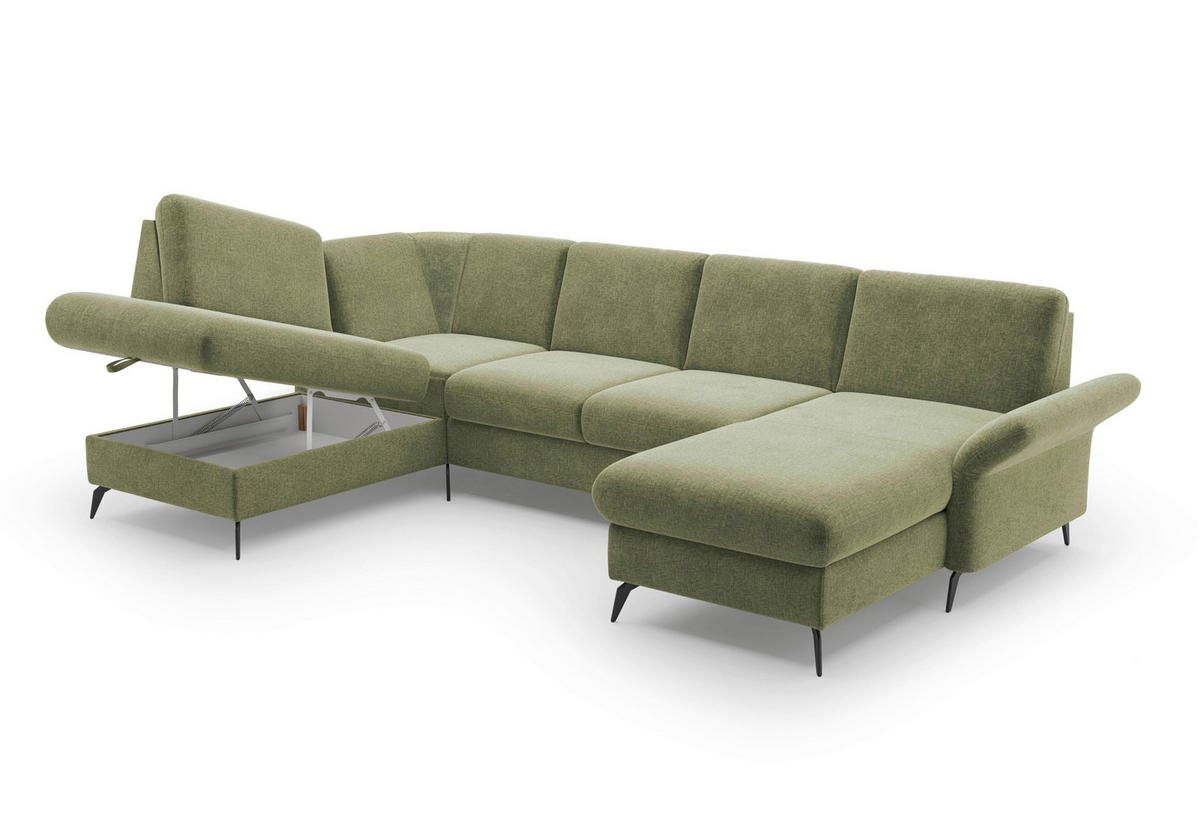 WOHNLANDSCHAFT Hellgrün Flachgewebe  - Schwarz/Hellgrün, KONVENTIONELL, Textil/Metall (195/314/164cm) - Sit & More