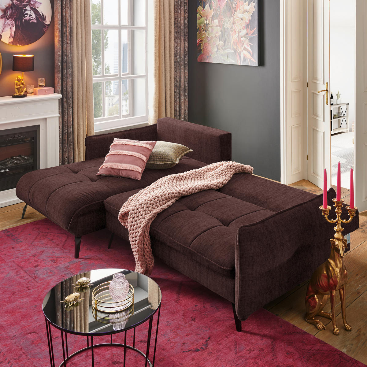 ECKSOFA in Flachgewebe Braun  - Schwarz/Braun, Design, Textil/Metall (180/273cm) - Hom`in