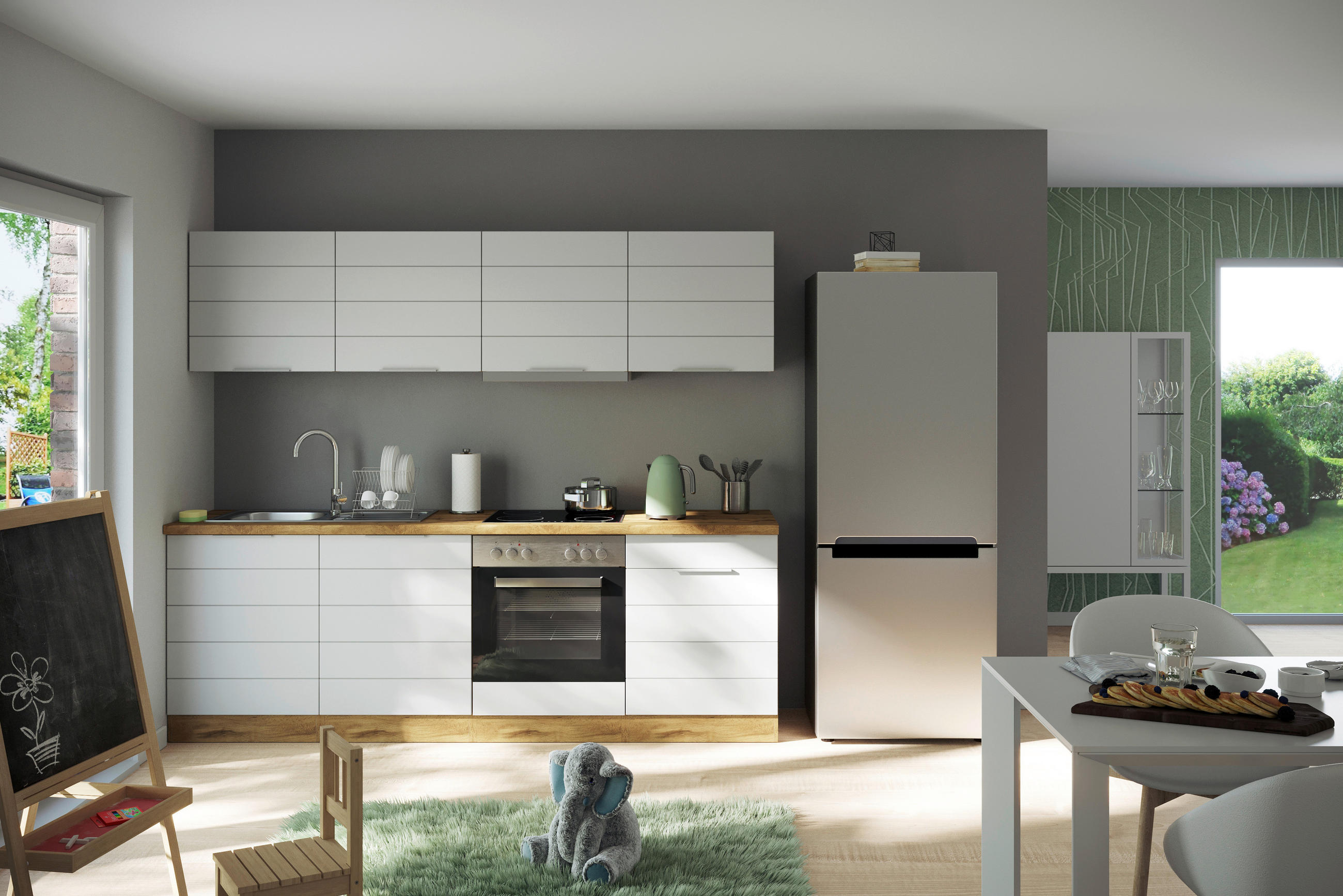 Küchenzeile Florenz mit Geräten 240 cm Weiß/Eichefarben