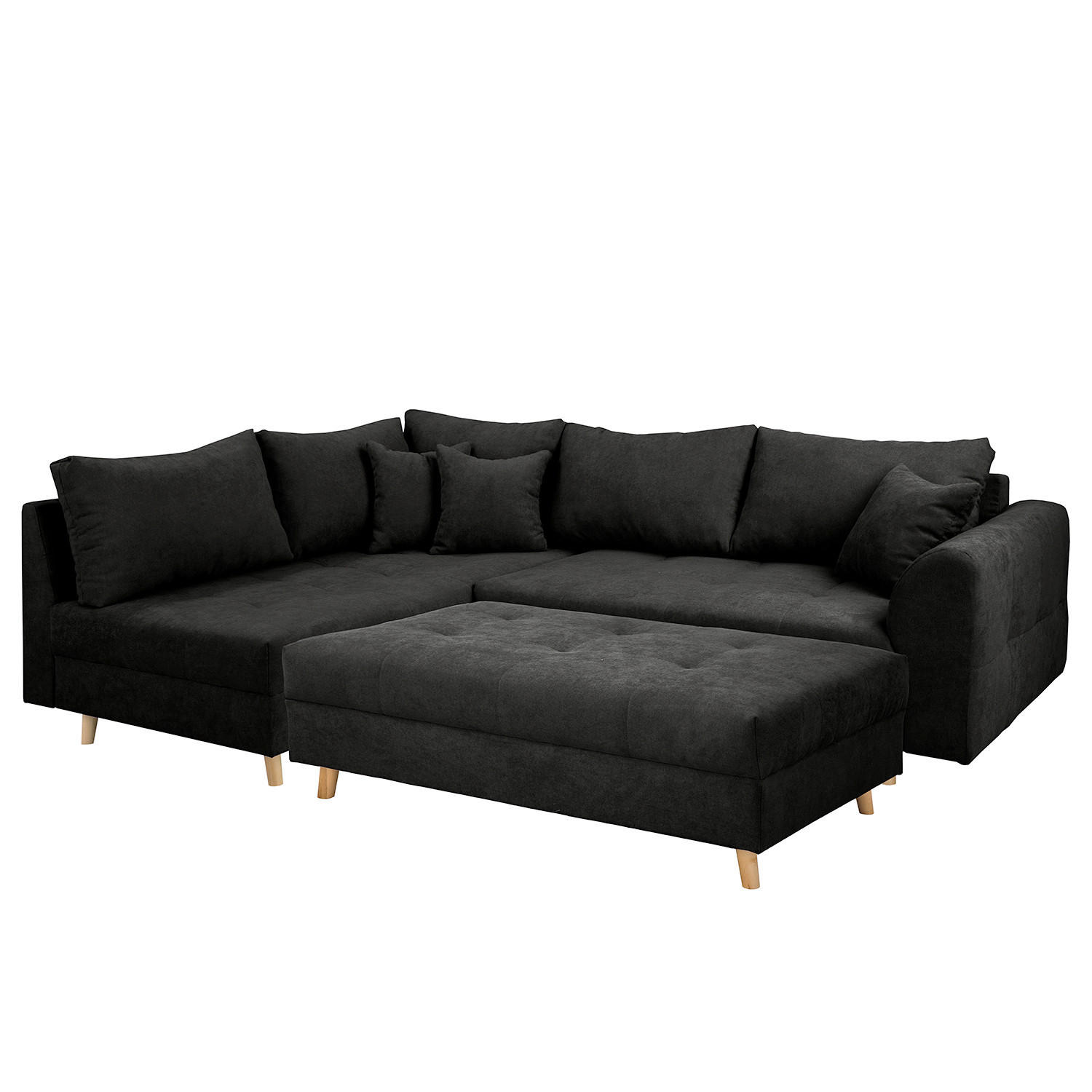 ECKSOFA inkl. Hocker Ariella Schwarz Mikrofaser Rückenkissen, Hocker  - Schwarz/Naturfarben, Design, Holz/Textil (161/231cm) - Livetastic