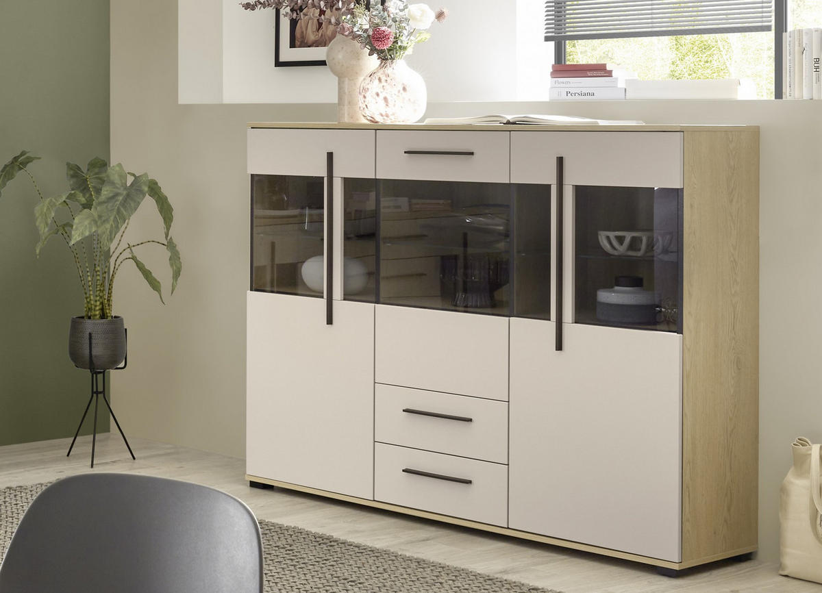 HIGHBOARD  160/126/42 cm 2 Schublade(n)  - Kaschmir/Eichefarben, Design, Glas/Holzwerkstoff (160/126/42cm) - Livetastic