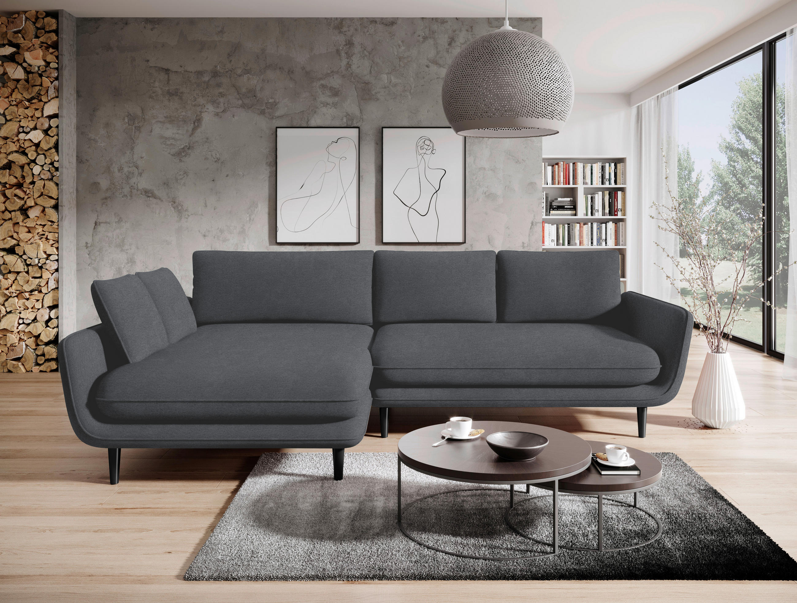 ECKSOFA in Velours Dunkelgrau  - Dunkelgrau/Schwarz, Design, Holz/Textil (167/260cm) - Welnova