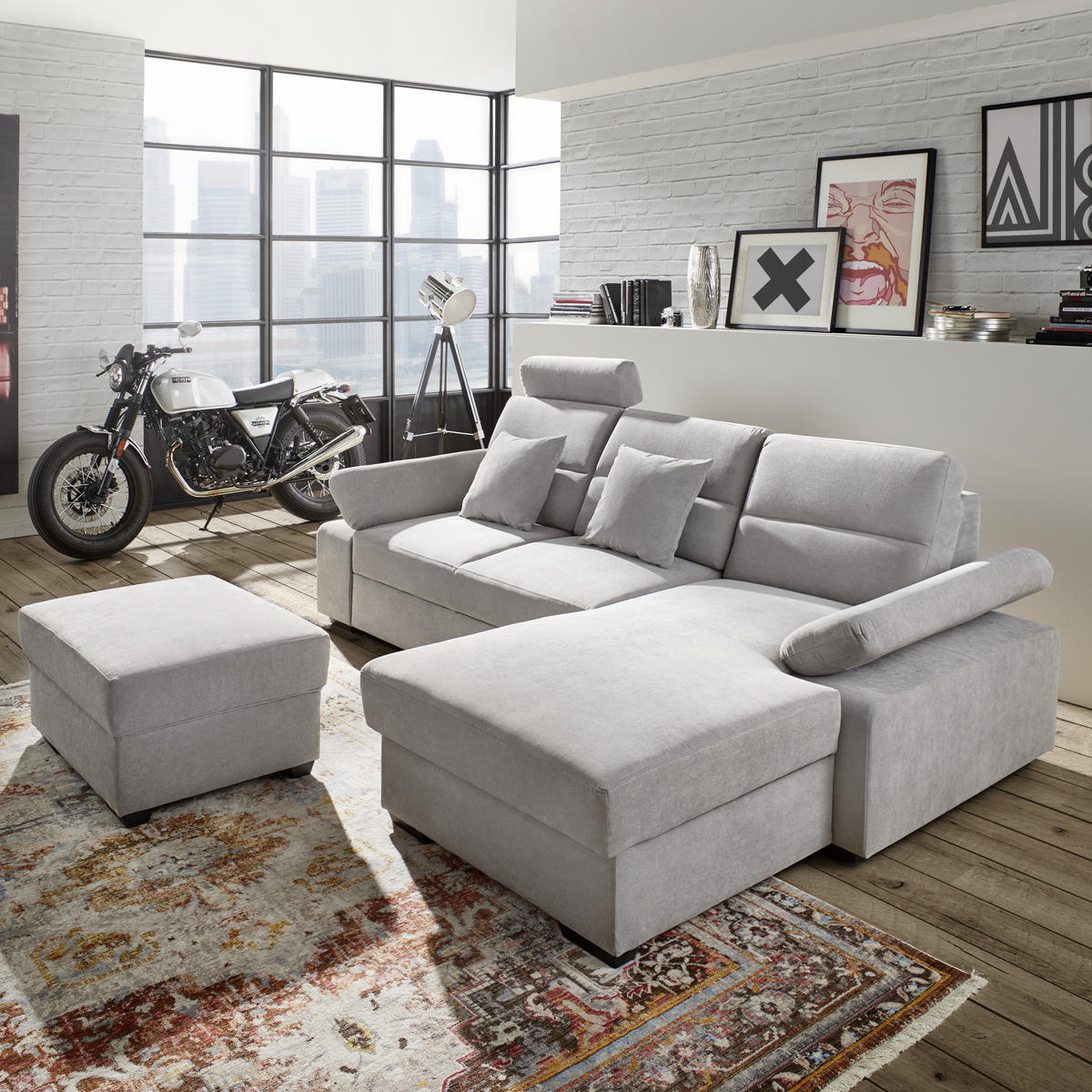 ECKSOFA inkl.Funktionen Hellgrau Webstoff  - Dunkelbraun/Hellgrau, Design, Kunststoff/Textil (258/166cm) - Cantus