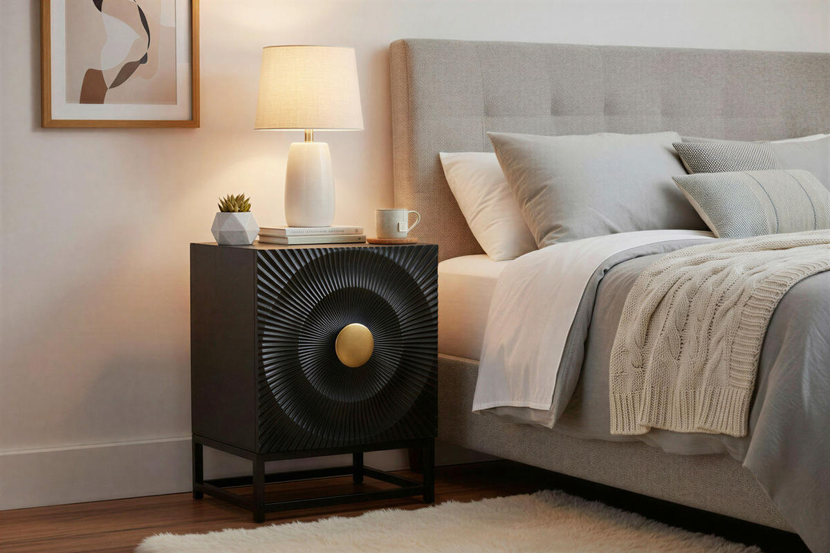 NACHTSCHRANK 45/60/35 cm Mangoholz massiv  - Goldfarben/Schwarz, Basics, Holz/Metall (45/60/35cm) - Livetastic