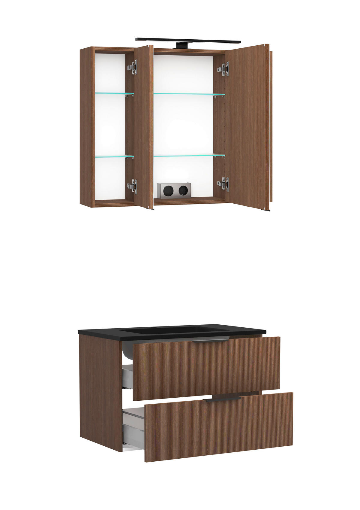 BADEZIMMER 3-teilig  in 80 cm  - Dunkelbraun/Schwarz, Natur, Glas/Holzwerkstoff (80cm) - Held