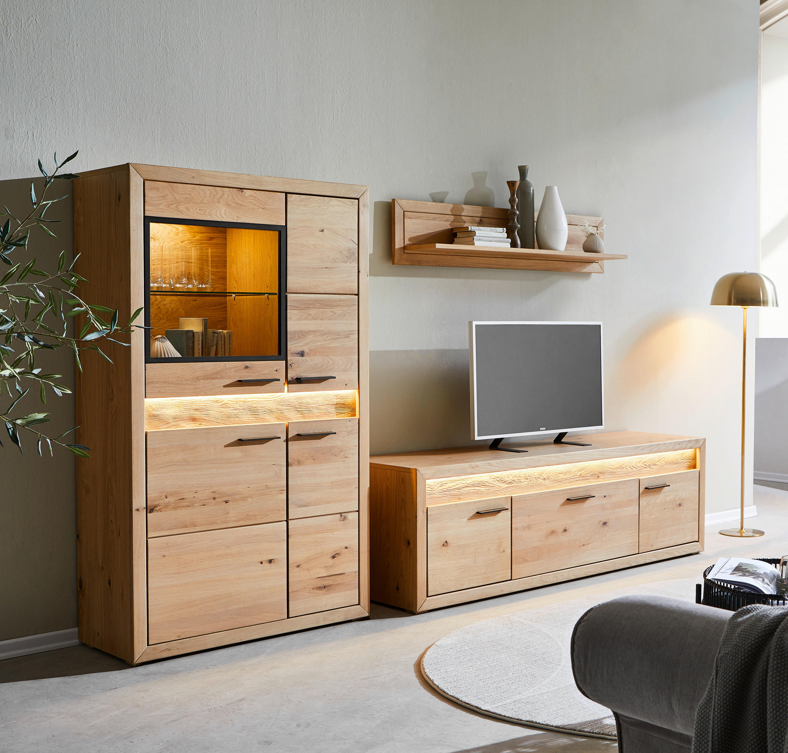 WOHNWAND 285/164/49 cm  in Eichefarben  285/164/49 cm  LED-Leuchtmittel   - Eichefarben/Schwarz, KONVENTIONELL, Glas/Holz (285/164/49cm) - Cantus