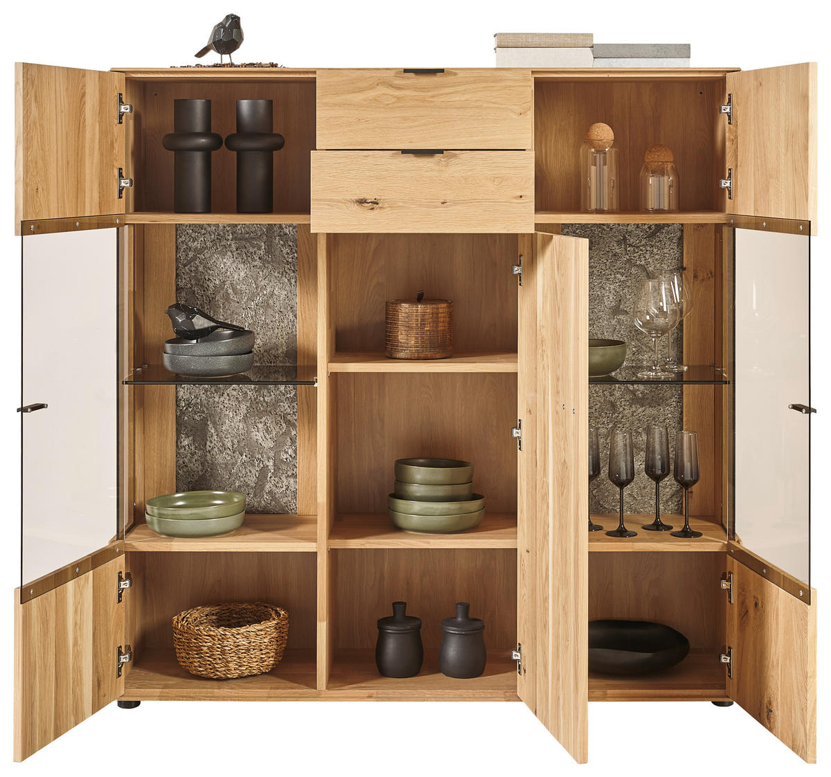 HIGHBOARD Wildeiche  136,9/138,3/37,1 cm  - Wildeiche/Schwarz, Natur, Glas/Holz (136,9/138,3/37,1cm) - Valnatura