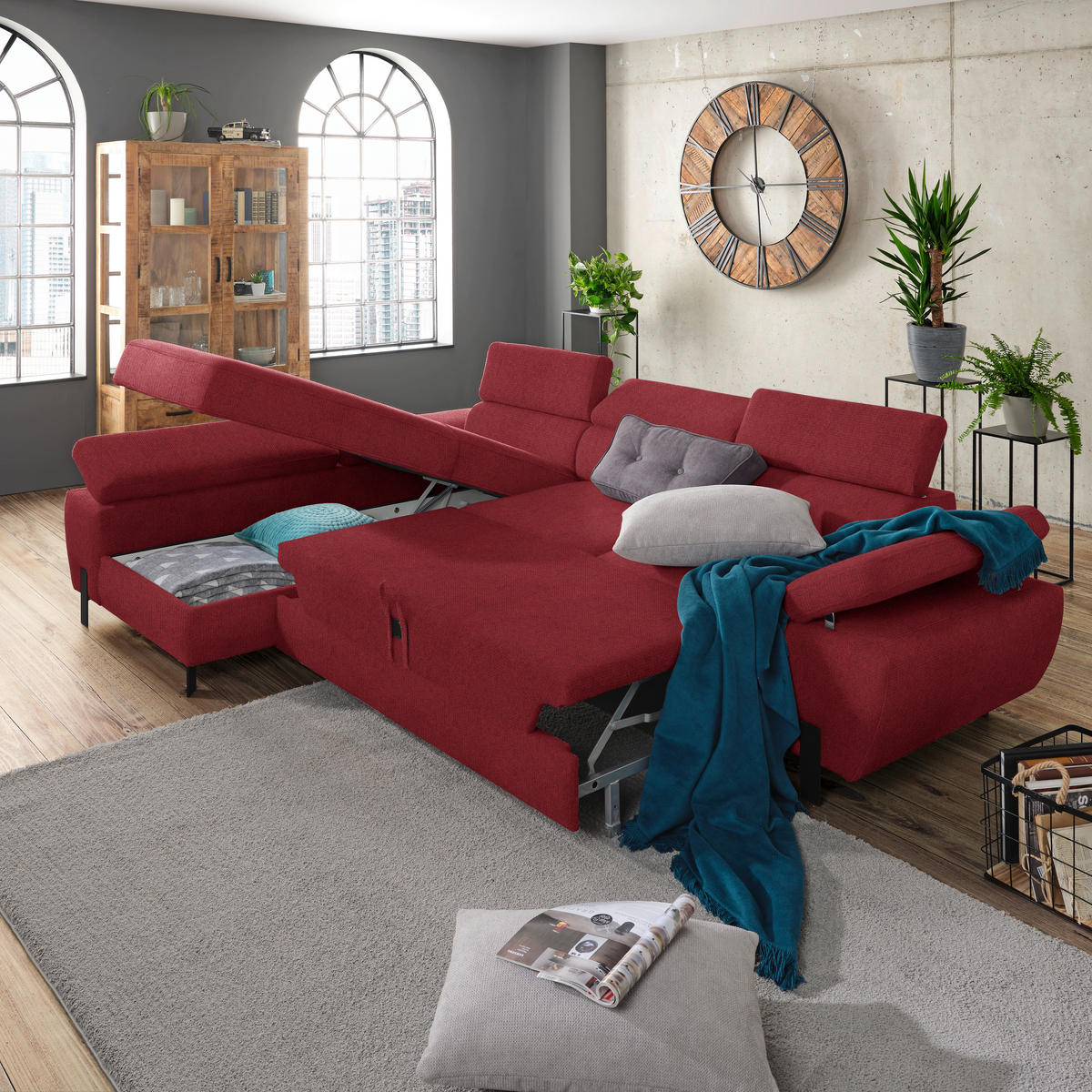 HÖRNSOFFA i vävt tyg vinröd  - vinröd/svart, Modern, metall/textil (189/90/277cm) - MID.YOU