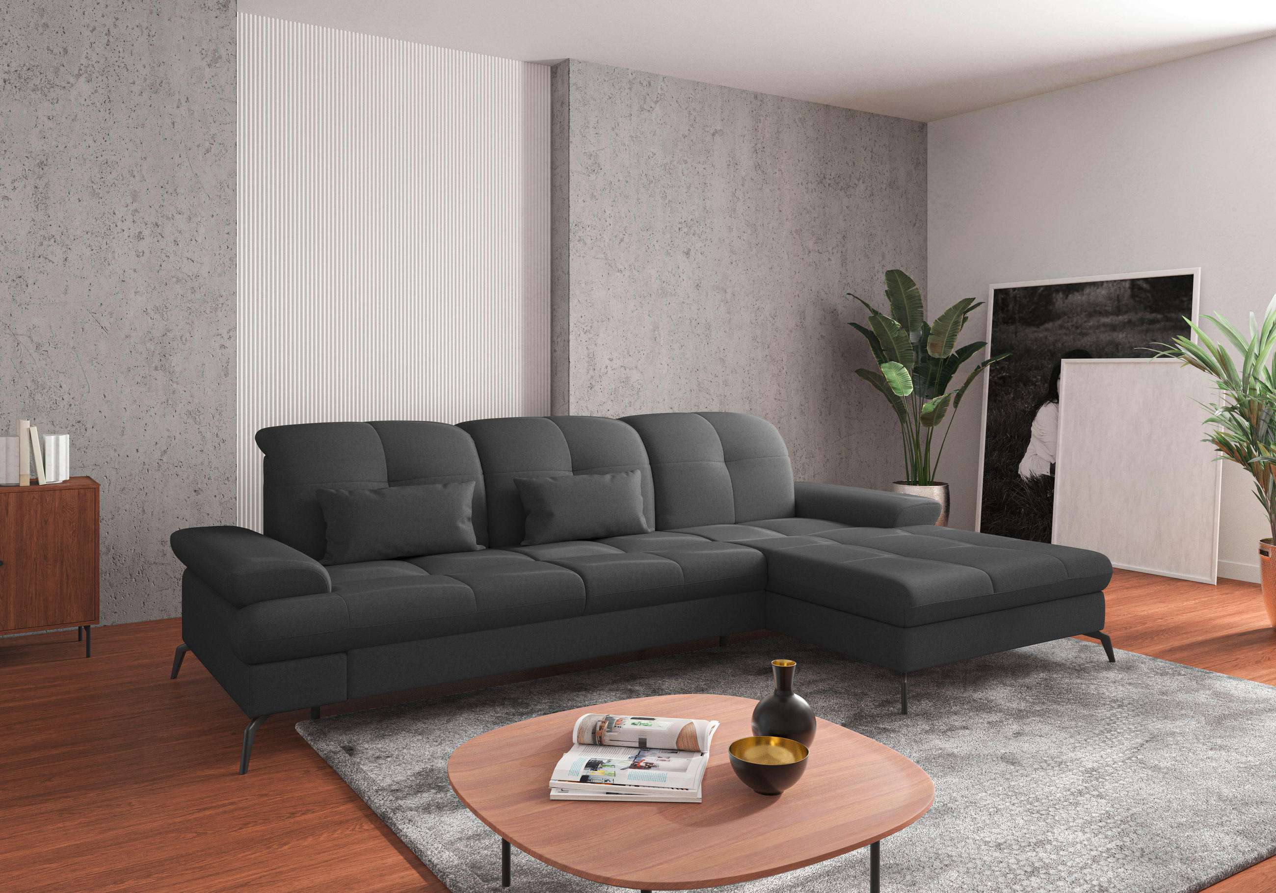 ECKSOFA in Flachgewebe Dunkelgrau  279/185 cm  - Dunkelgrau/Schwarz, KONVENTIONELL, Textil/Metall (279/185cm) - Sit & More