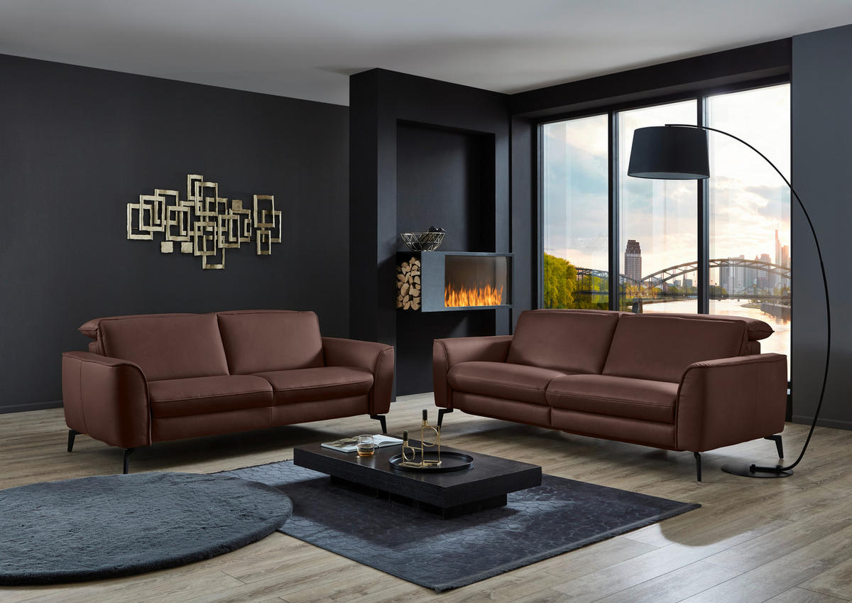 3-SITZER-SOFA in Echtleder Braun  - Schwarz/Braun, Natur, Leder/Metall (222/81/110cm) - Valdera